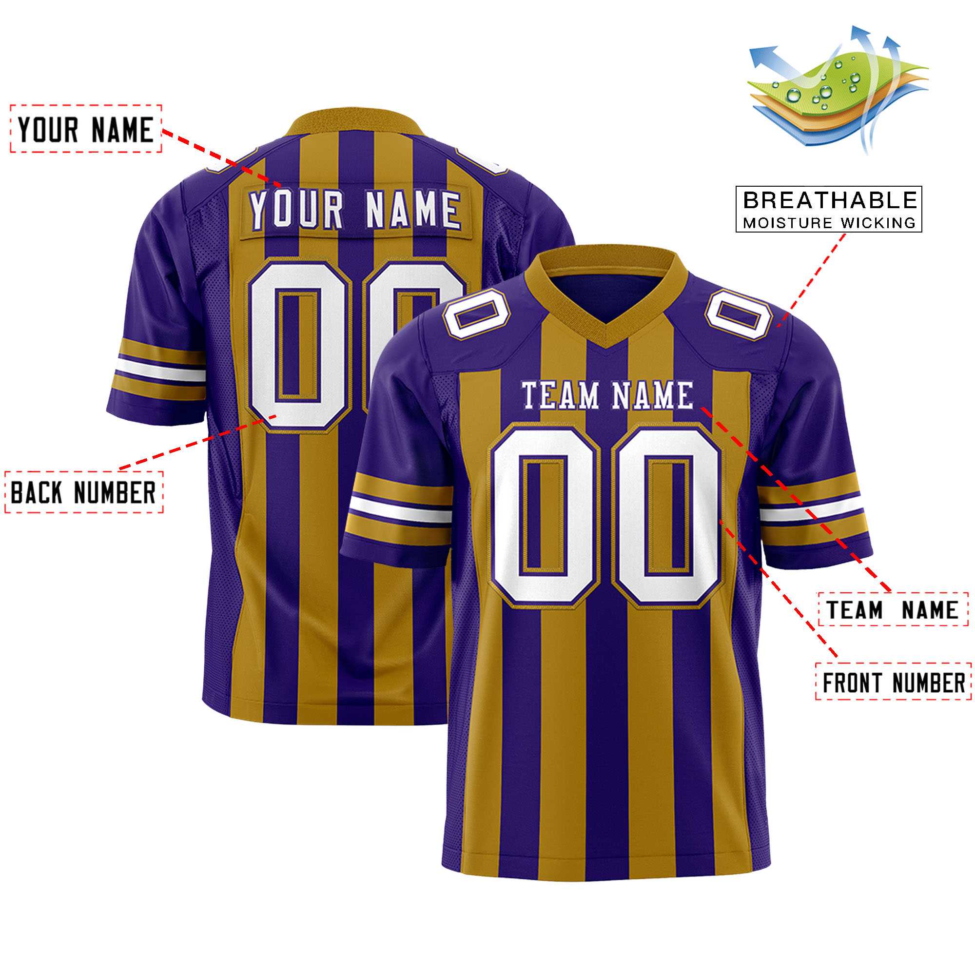 Custom Purple Old Gold Personalized Thick Stripe Design Authentic Football Jersey