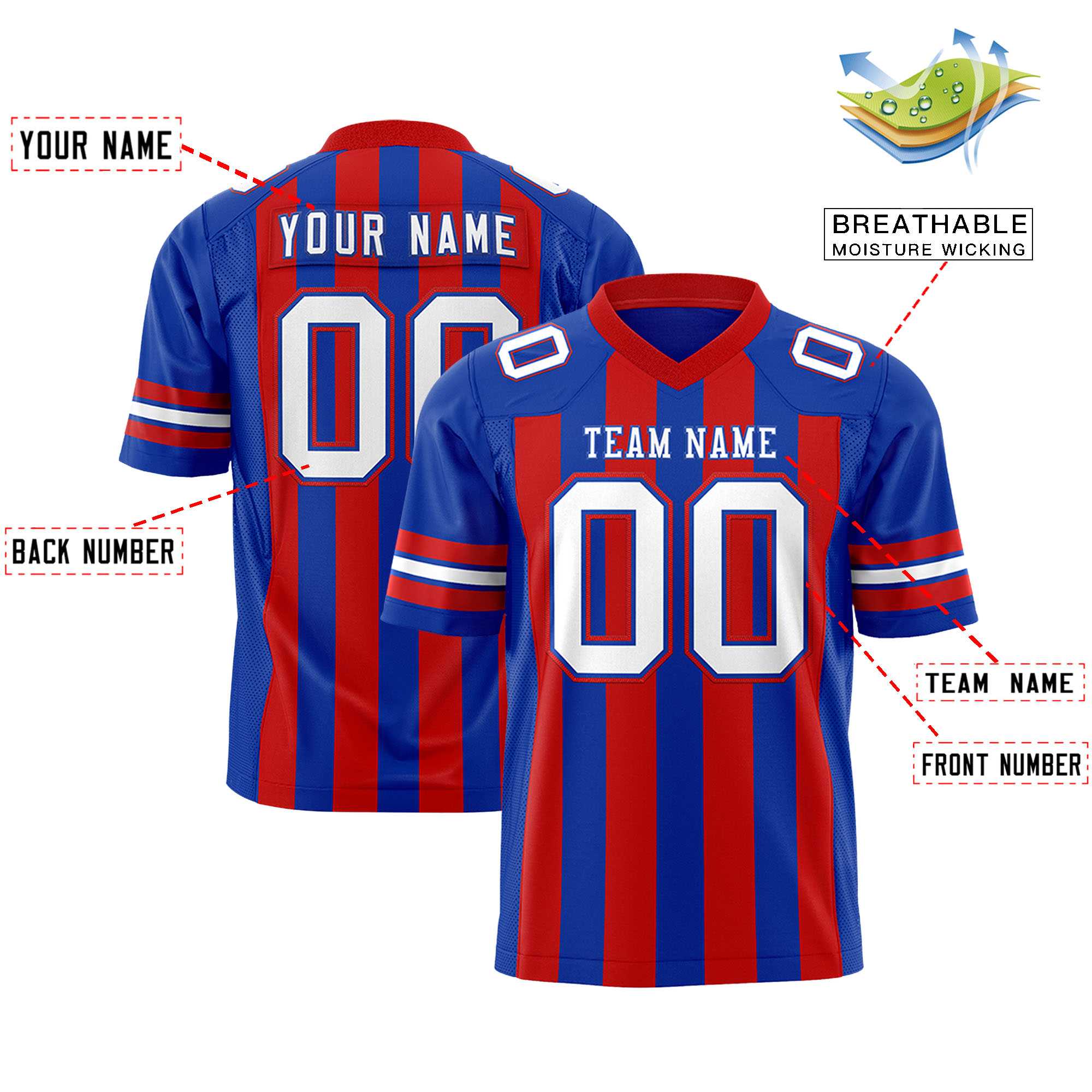 Custom Royal Red Personalized Thick Stripe Design Authentic Football Jersey