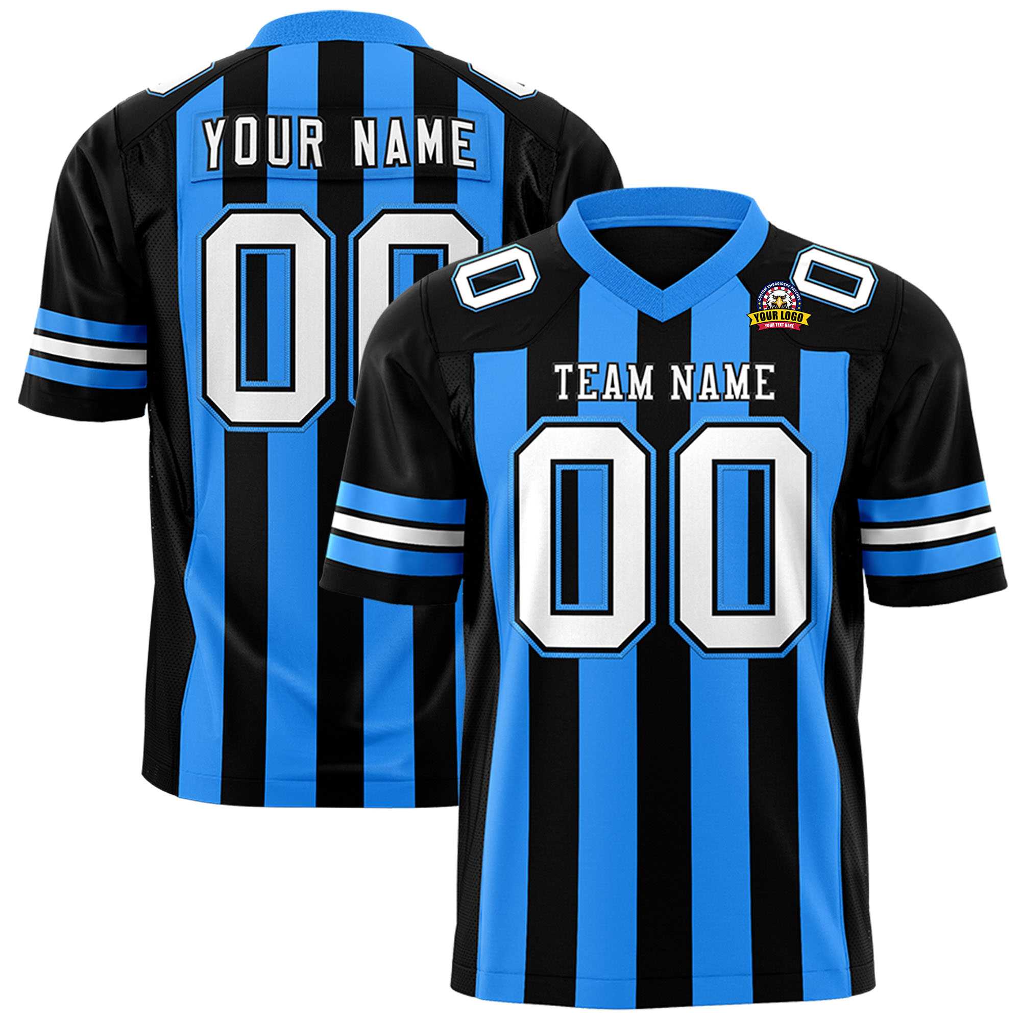 Custom Black Powder Blue Personalized Thick Stripe Design Authentic Football Jersey