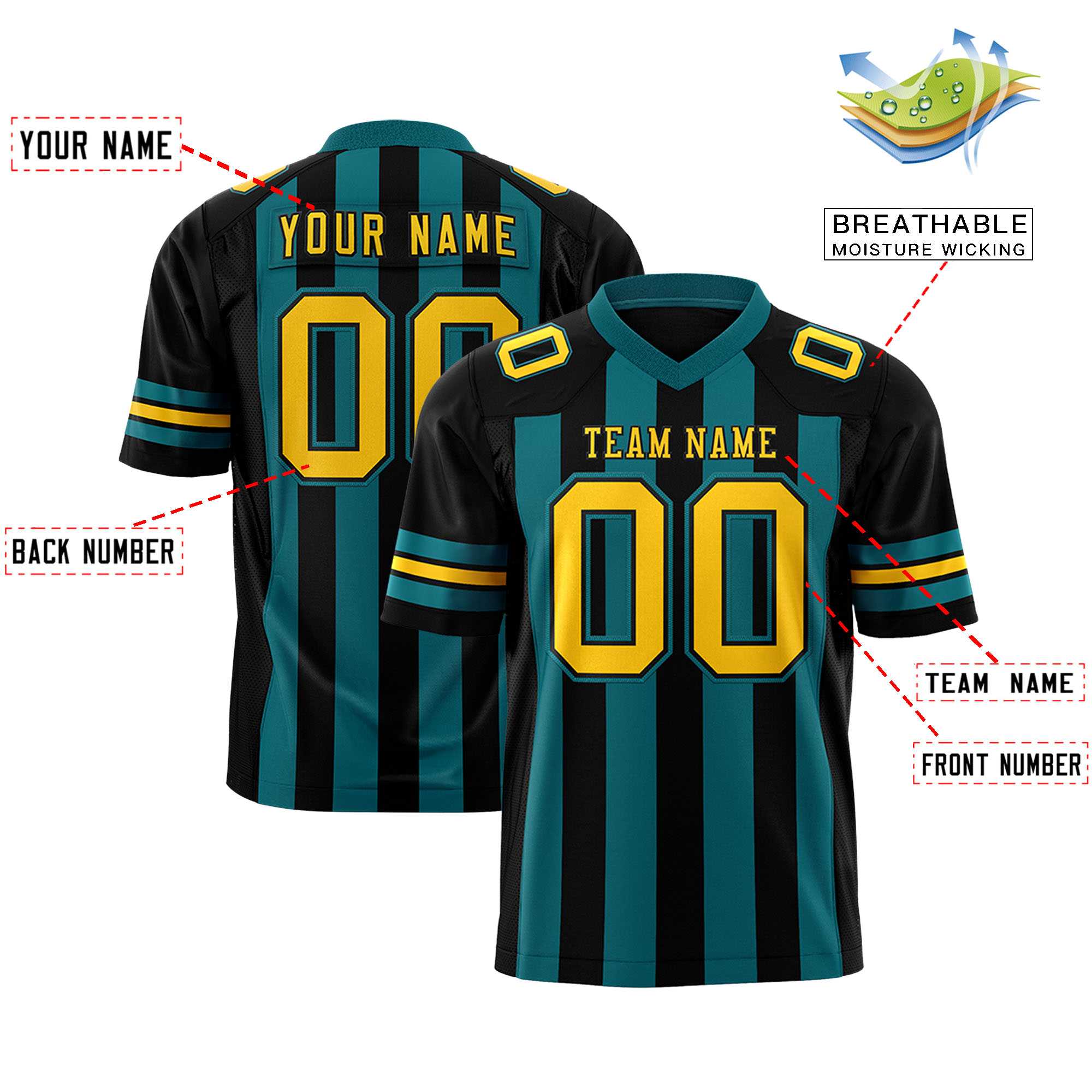 Custom Black Aqua Personalized Thick Stripe Design Authentic Football Jersey