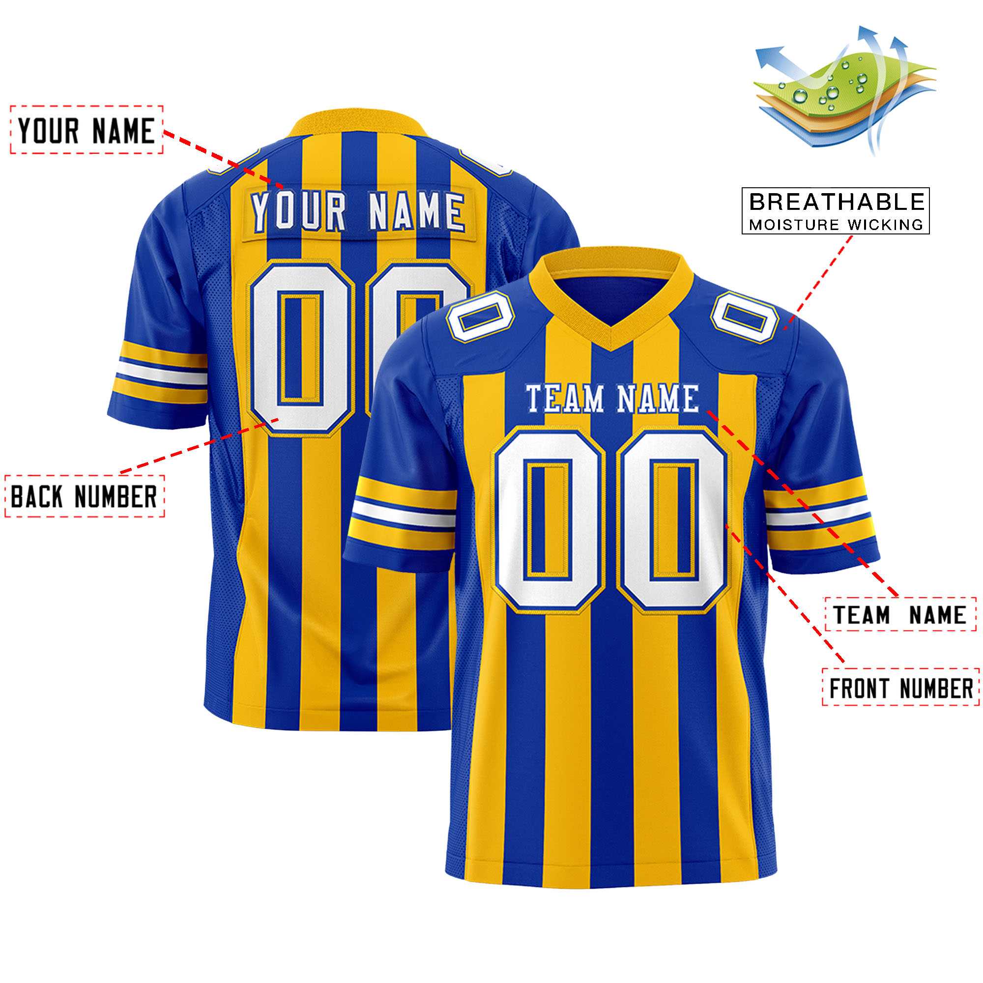 Custom Royal Gold Personalized Thick Stripe Design Authentic Football Jersey