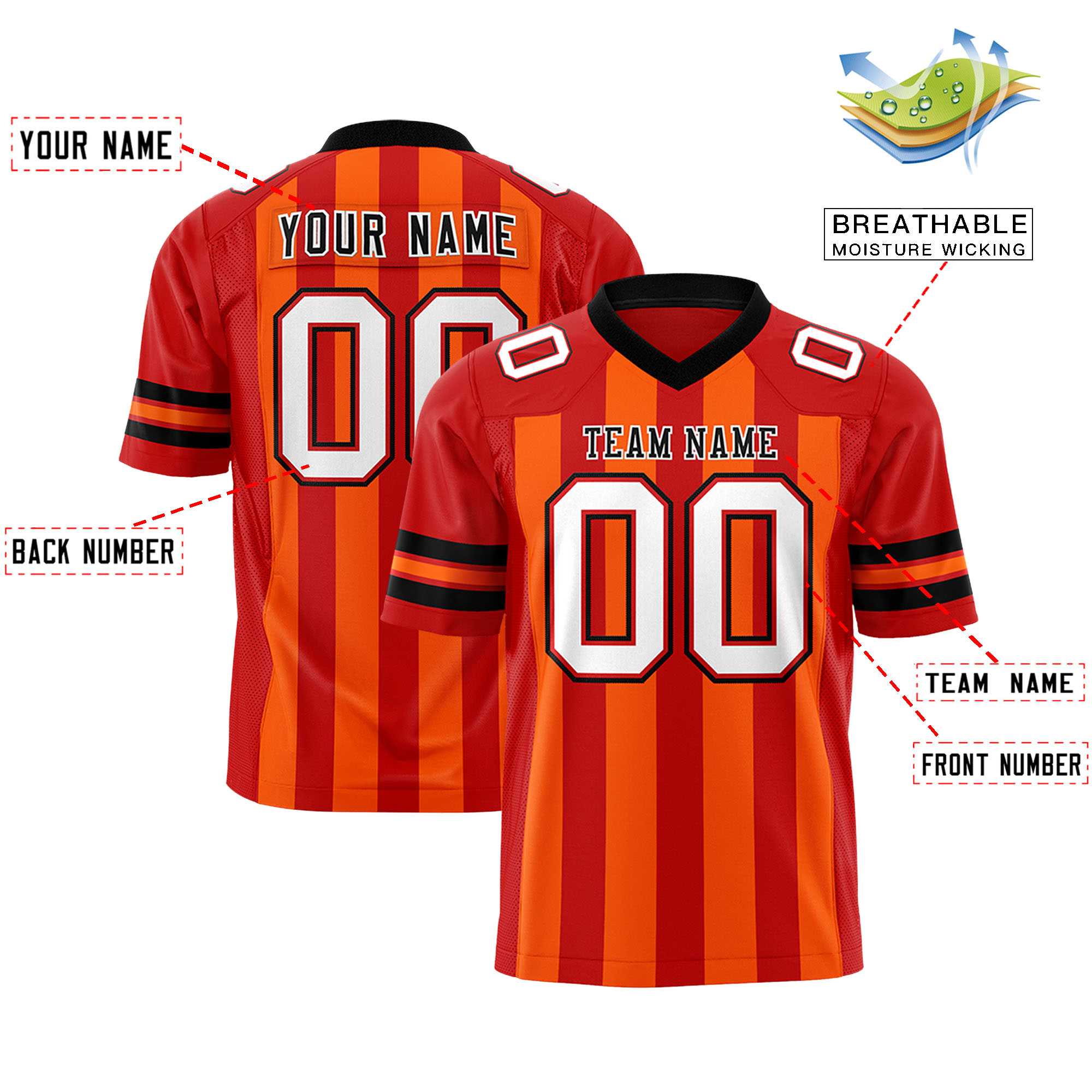 Custom Red Orange Personalized Thick Stripe Design Authentic Football Jersey