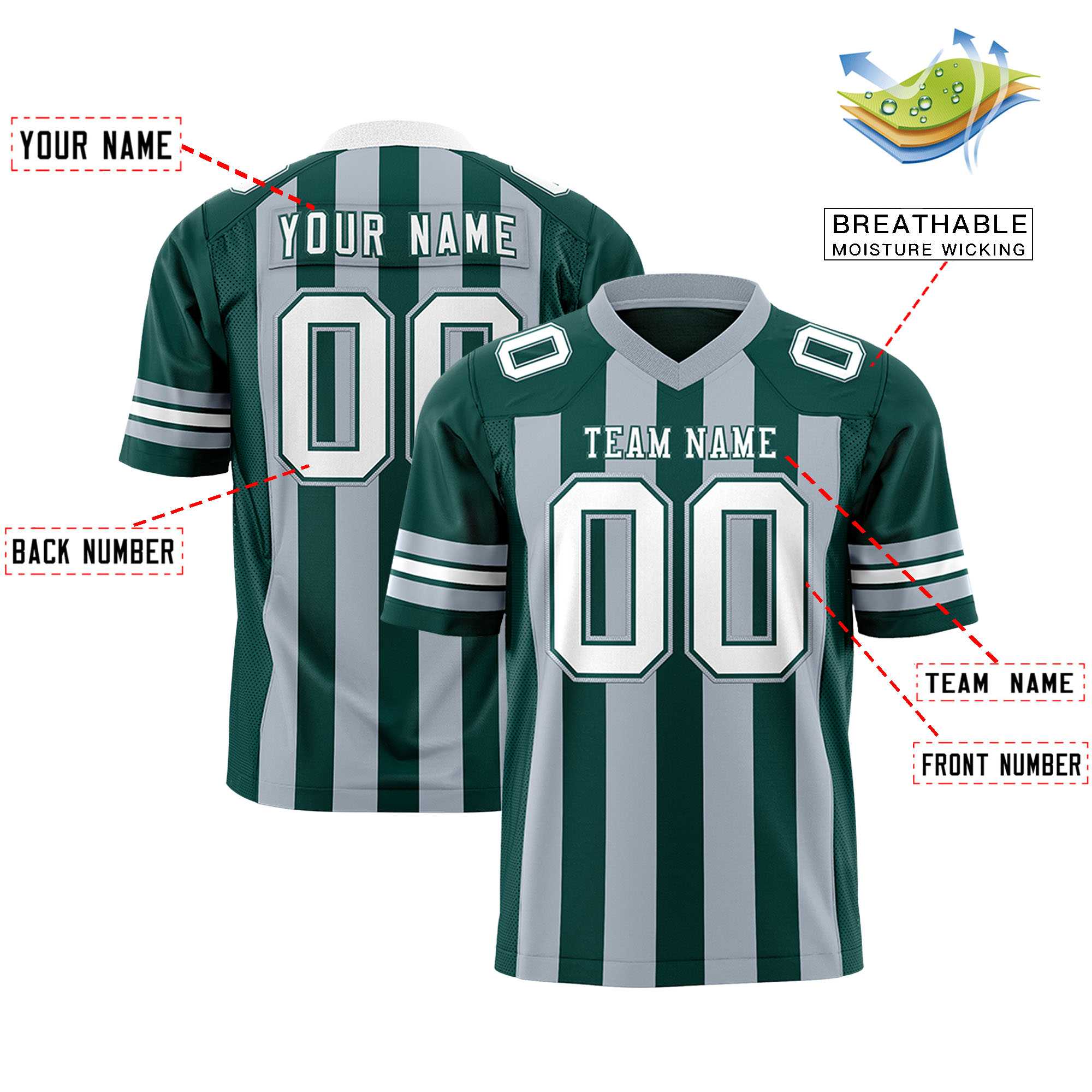 Custom Midnight Green Gray Personalized Thick Stripe Design Authentic Football Jersey