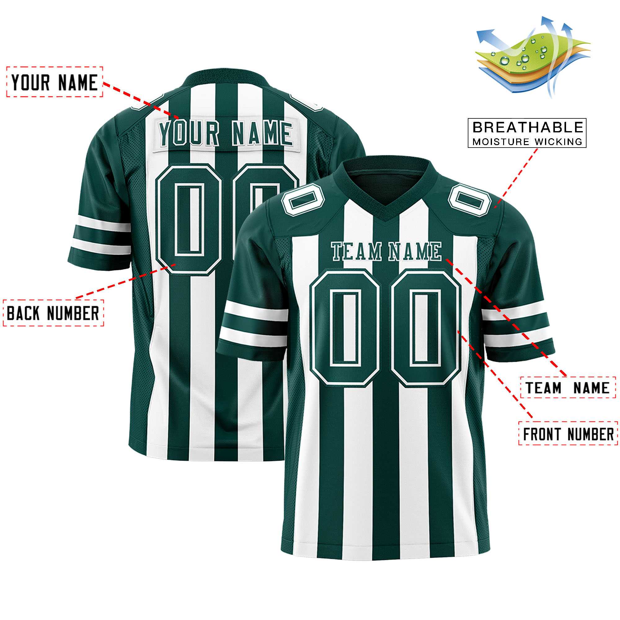 Custom Midnight Green White Personalized Thick Stripe Design Authentic Football Jersey