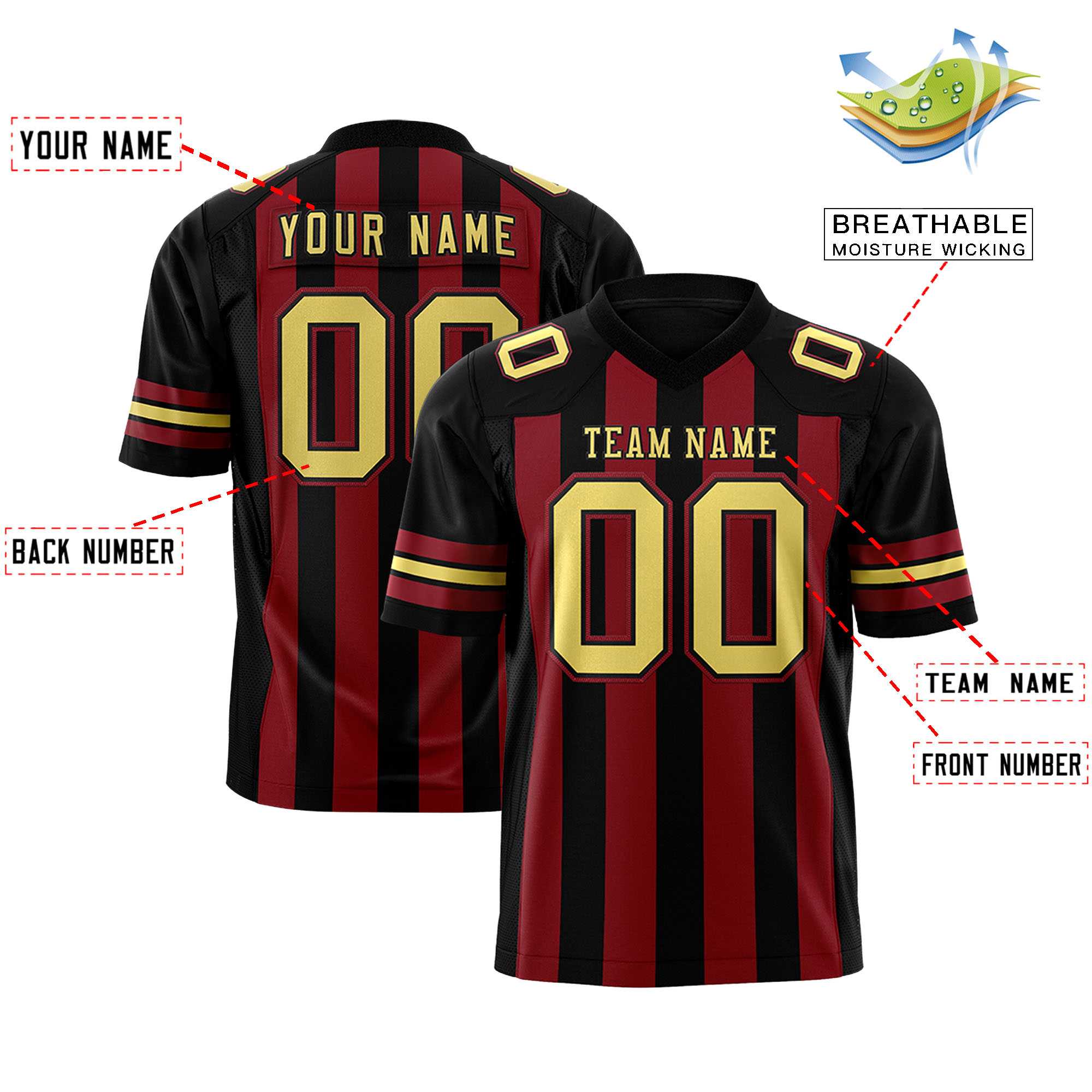 Custom Black Crimson Personalized Thick Stripe Design Authentic Football Jersey