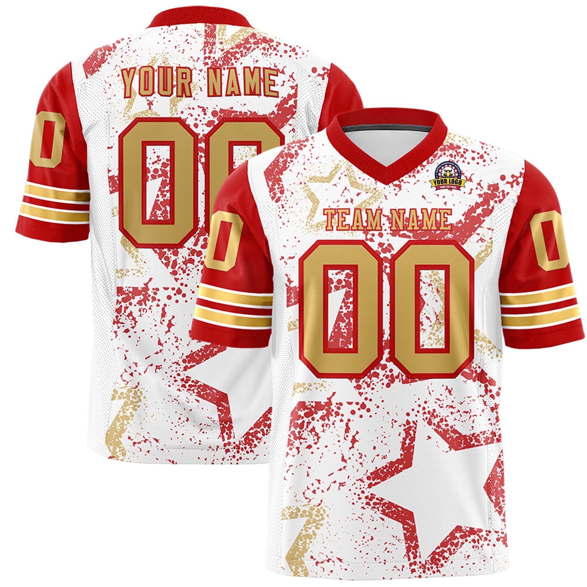 Custom White Red-Old Gold Personalized Star Pattern Design Authentic Football Jersey