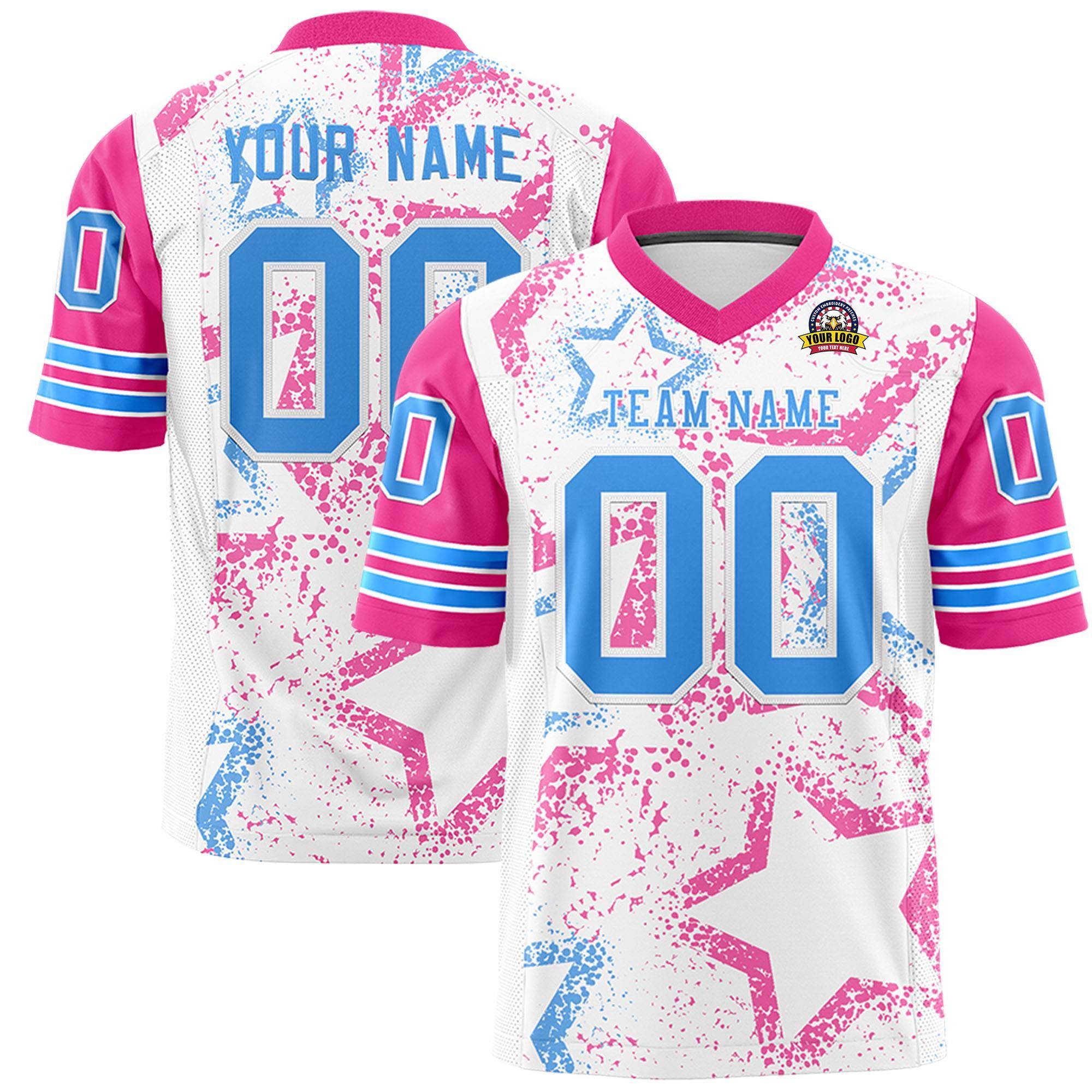 Custom White Pink-Powder Blue Personalized Star Pattern Design Authentic Football Jersey