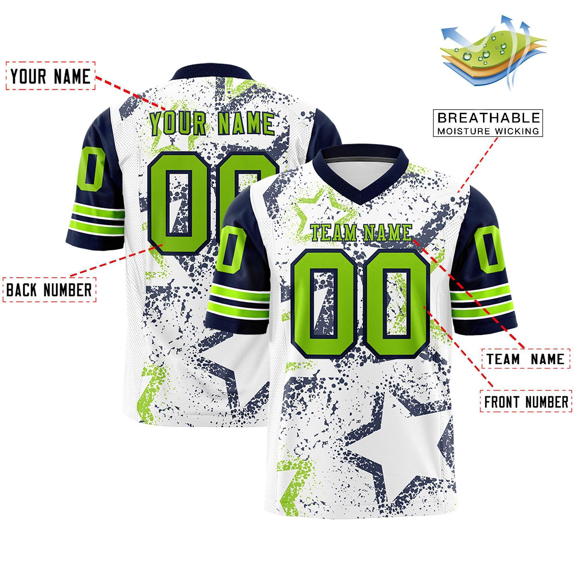 Custom White Navy-Neon Green Personalized Star Pattern Design Authentic Football Jersey