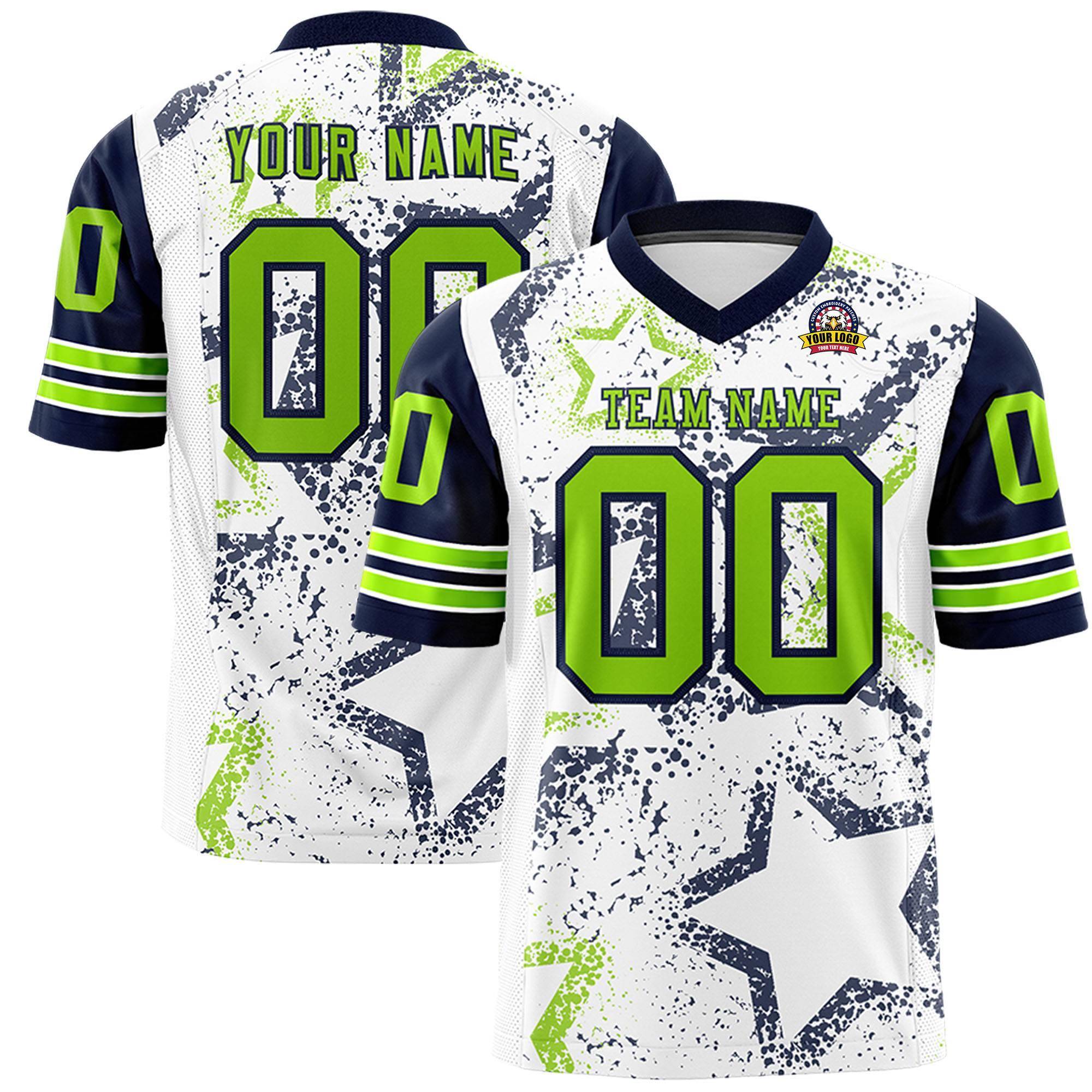 Custom White Navy-Neon Green Personalized Star Pattern Design Authentic Football Jersey