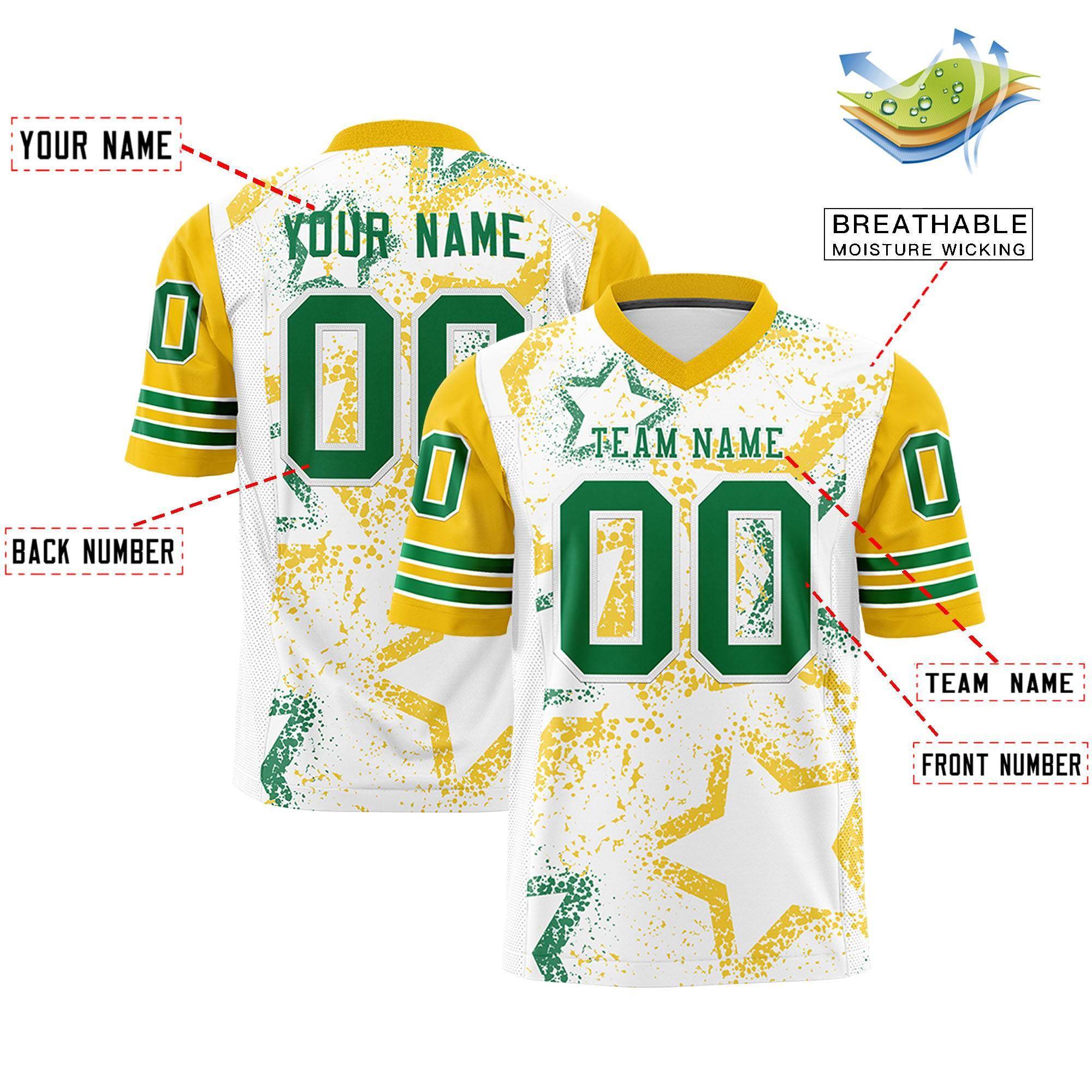 Custom White Gold-Kelly Green Personalized Star Pattern Design Authentic Football Jersey