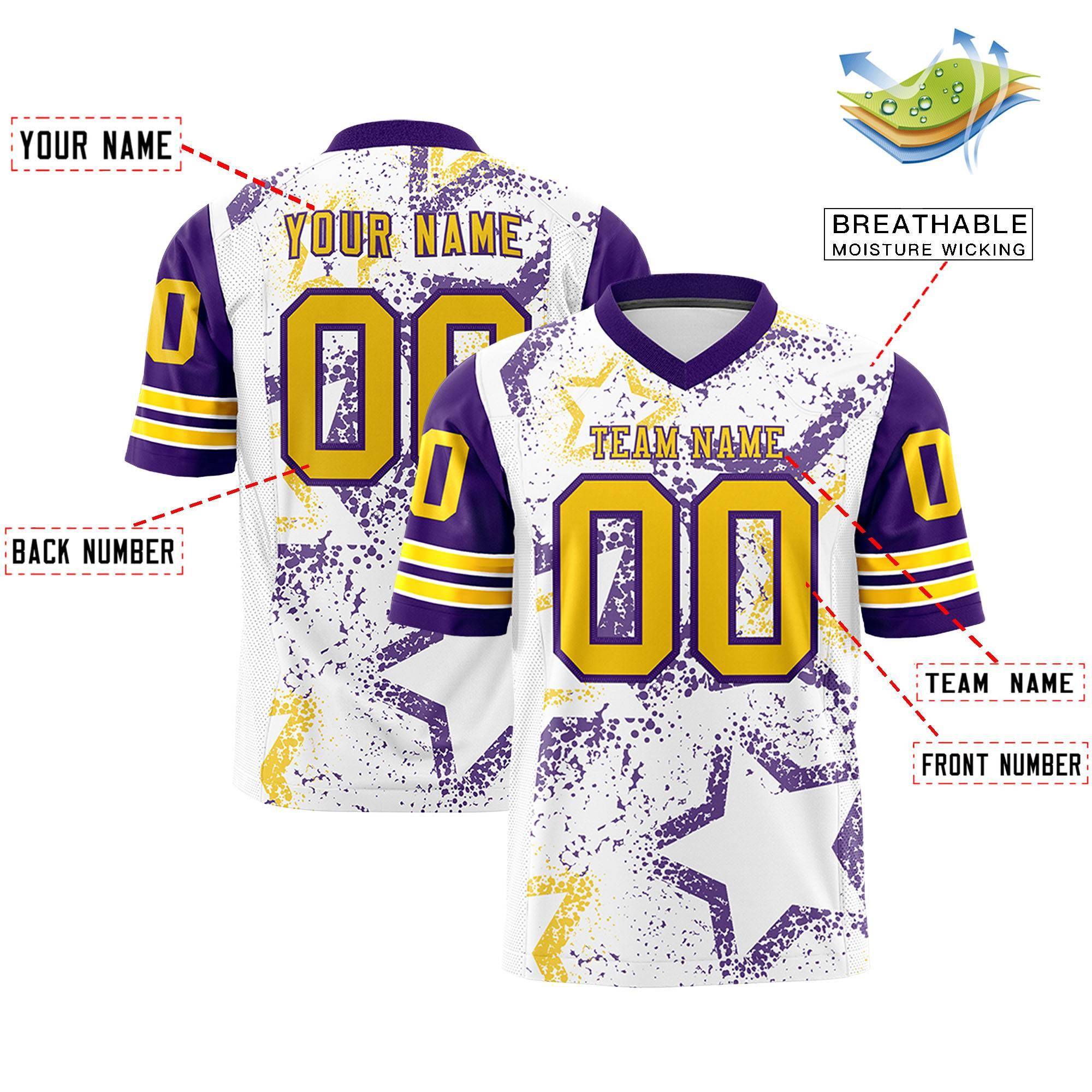 Custom White Purple-Gold Personalized Star Pattern Design Authentic Football Jersey