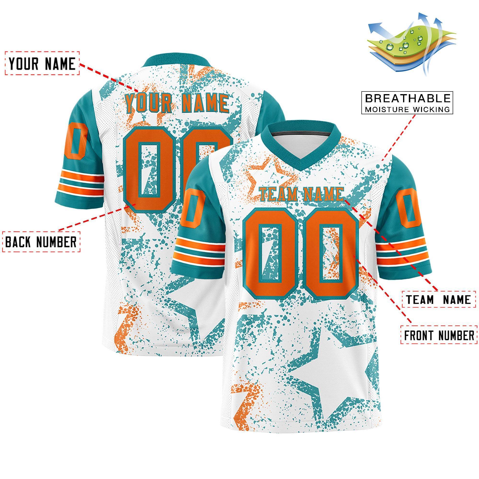 Custom White Aqua-Orange Personalized Star Pattern Design Authentic Football Jersey