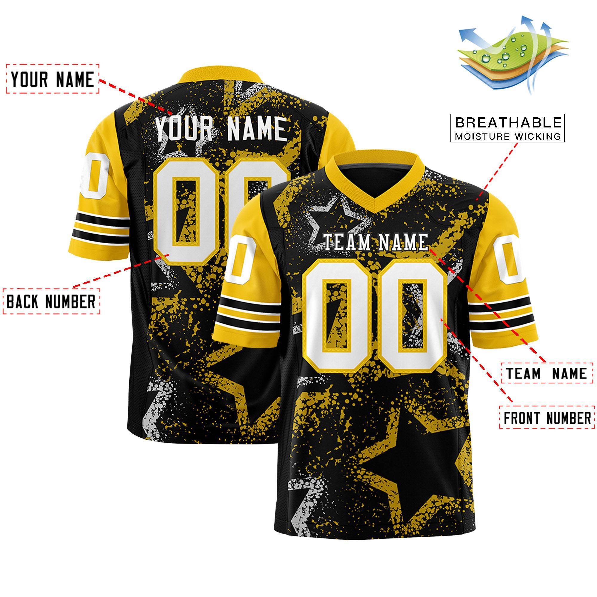 Custom Black Gold-White Personalized Star Pattern Design Authentic Football Jersey