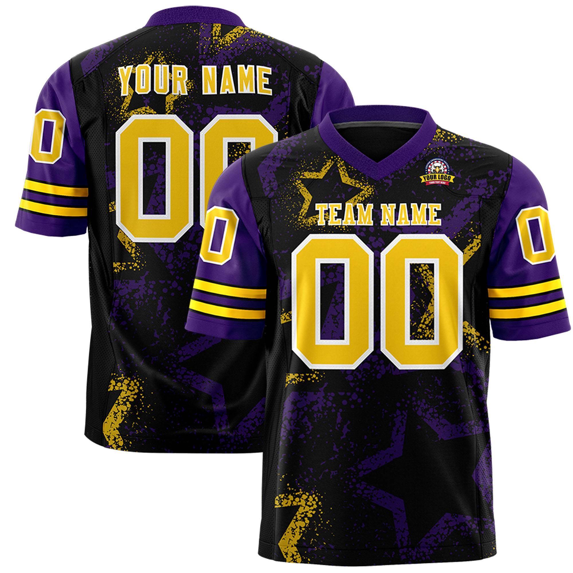 Custom Black Purple-Gold Personalized Star Pattern Design Authentic Football Jersey