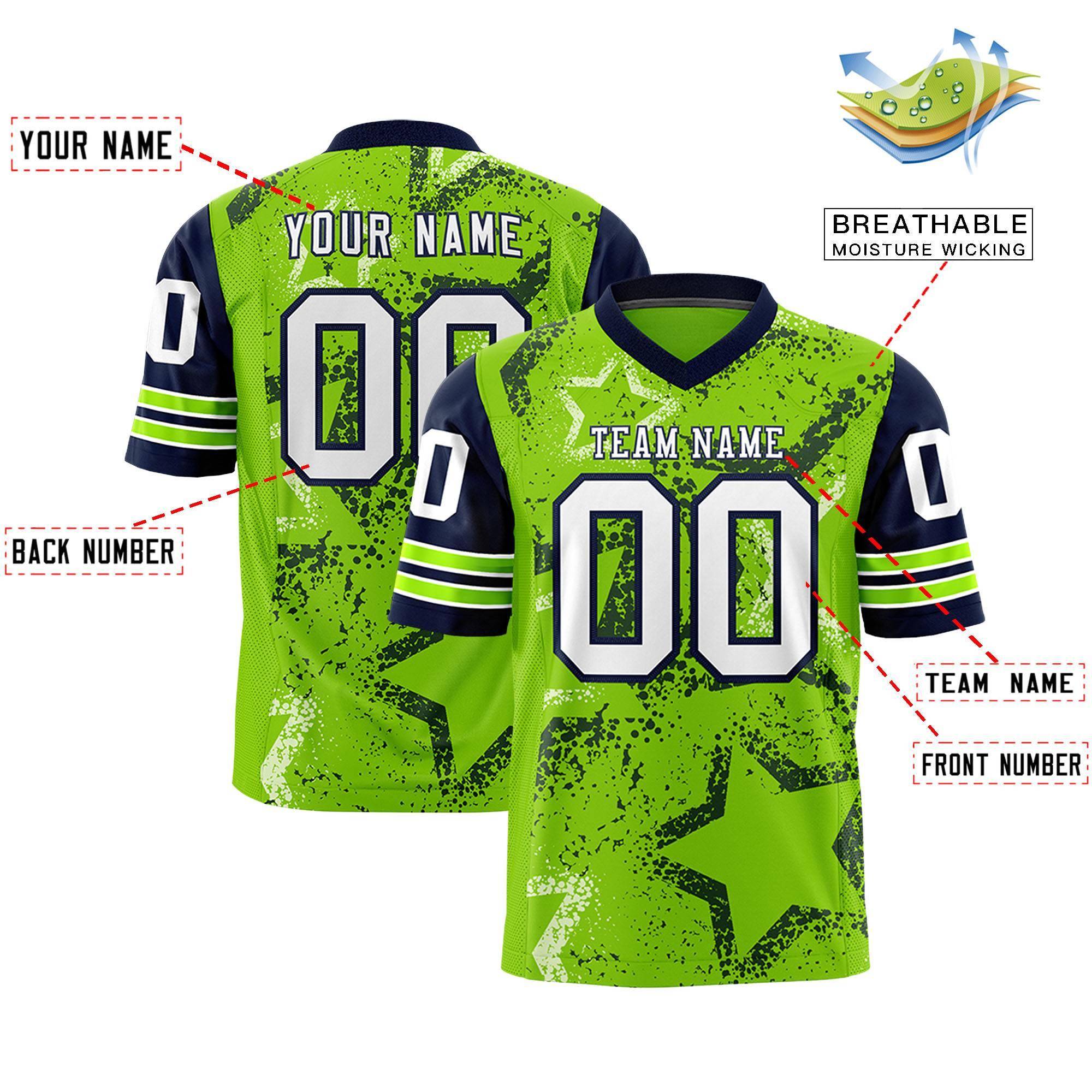 Custom Navy Neon Green-White Personalized Star Pattern Design Authentic Football Jersey