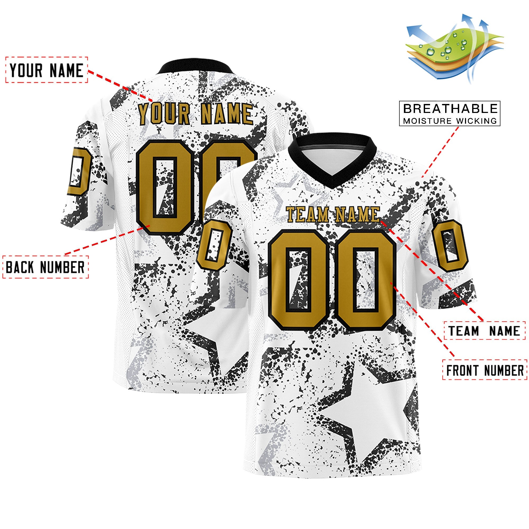 Custom White Black-Old Gold Personalized Star Graffiti Pattern Authentic Football Jersey