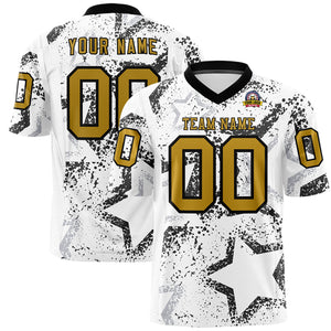 Custom White Black-Old Gold Personalized Star Graffiti Pattern Authentic Football Jersey