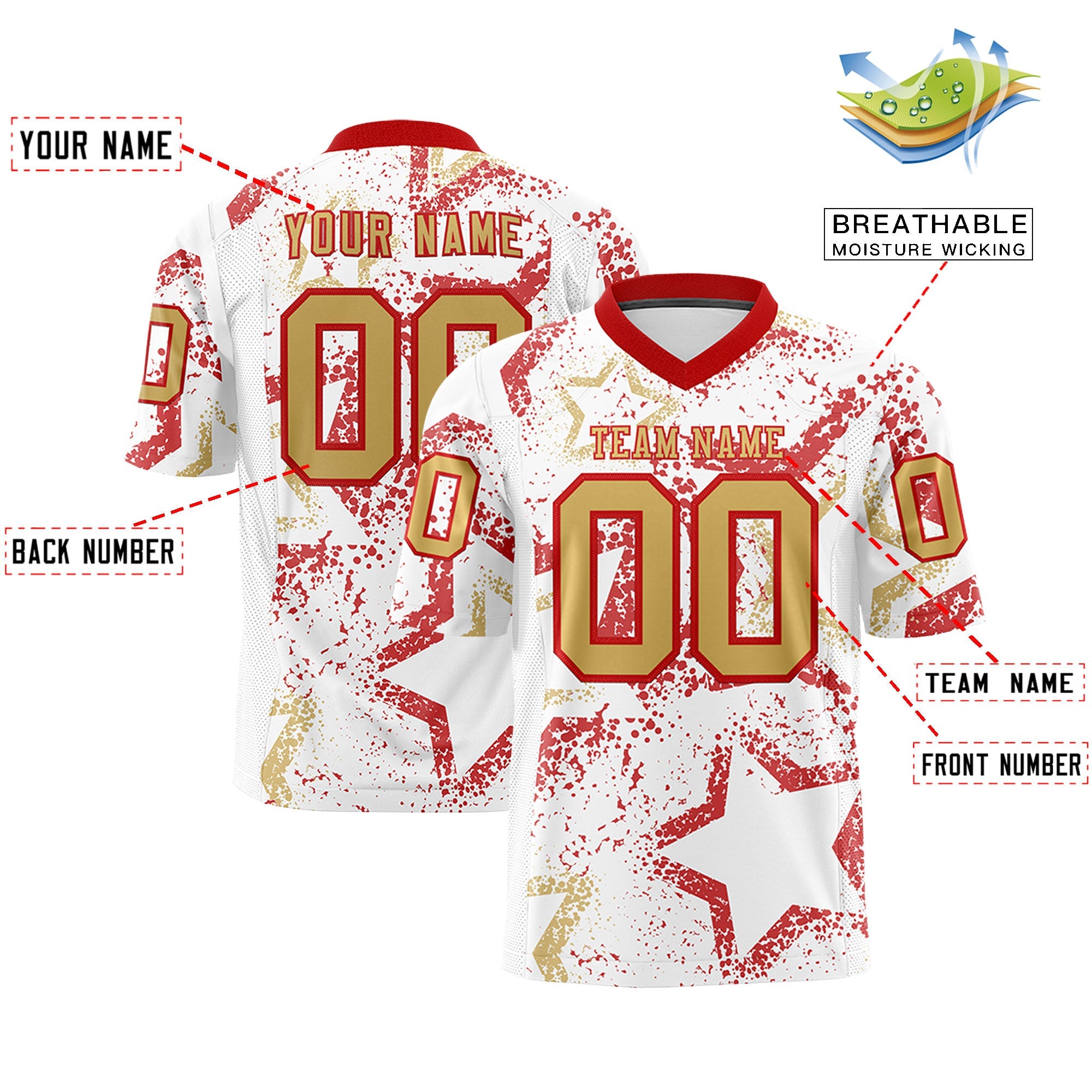 Custom White Red-Old Gold Personalized Star Graffiti Pattern Authentic Football Jersey