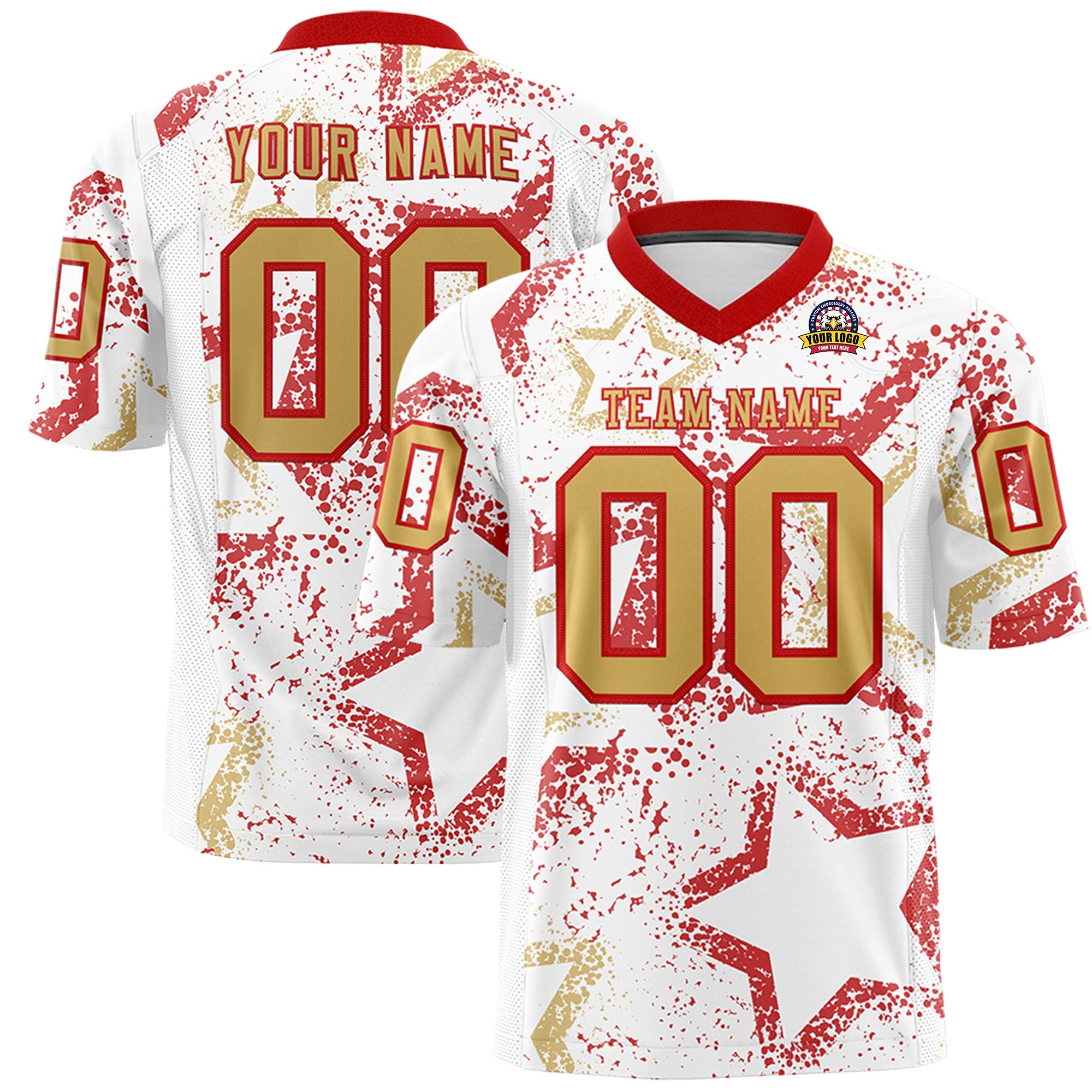 Custom White Red-Old Gold Personalized Star Graffiti Pattern Authentic Football Jersey