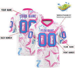 Custom White Pink-Powder Blue Personalized Star Graffiti Pattern Authentic Football Jersey