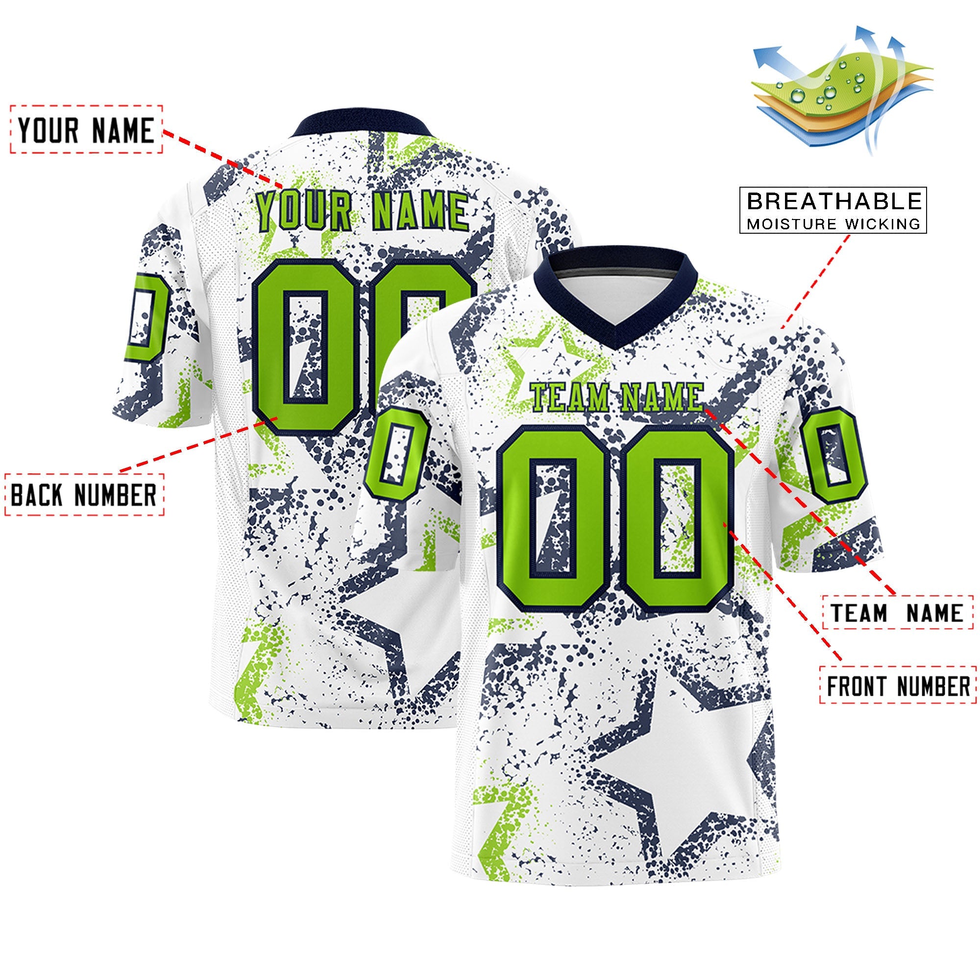 Custom White Navy-Neon Green Personalized Star Graffiti Pattern Authentic Football Jersey