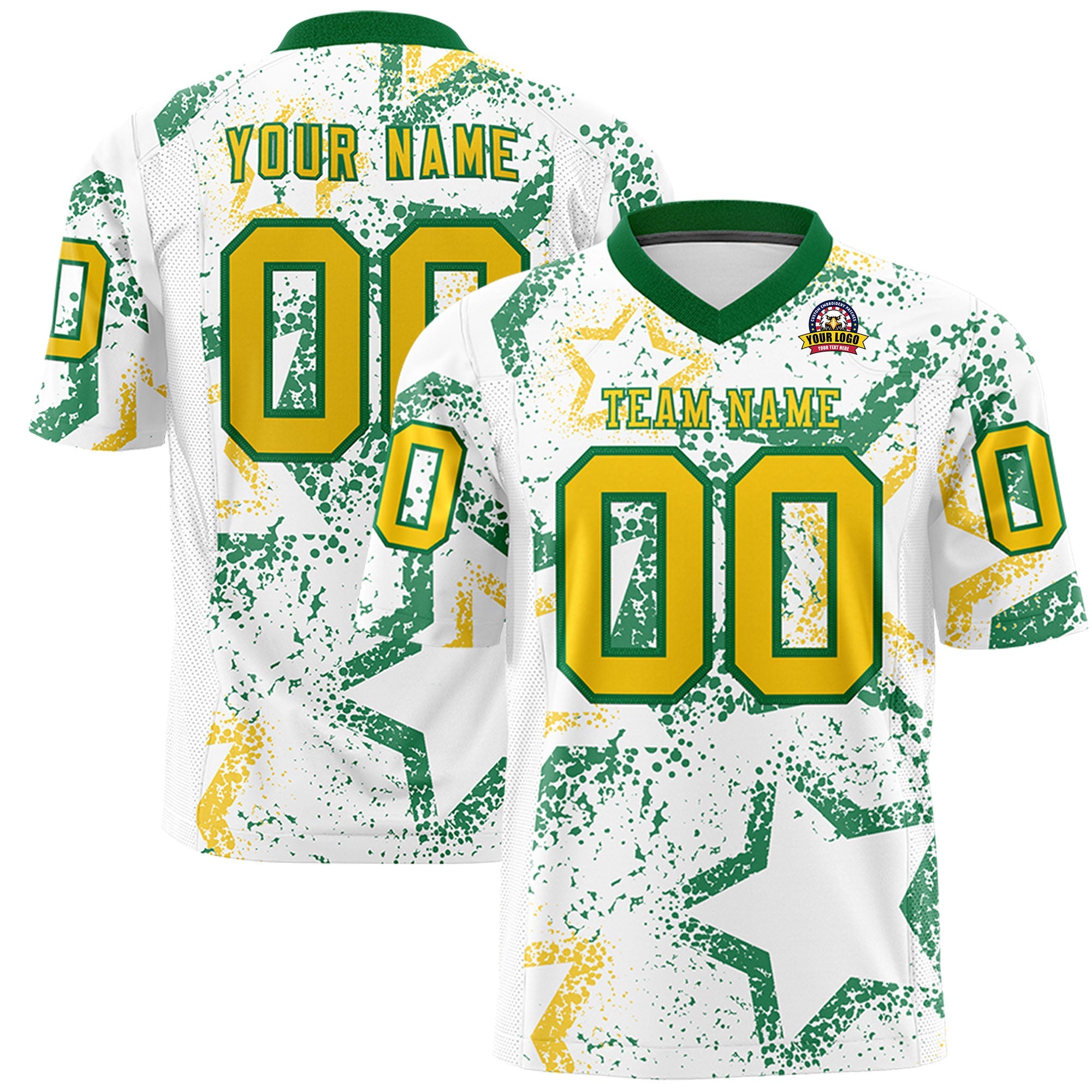 Custom White Kelly Green-Gold Personalized Star Graffiti Pattern Authentic Football Jersey