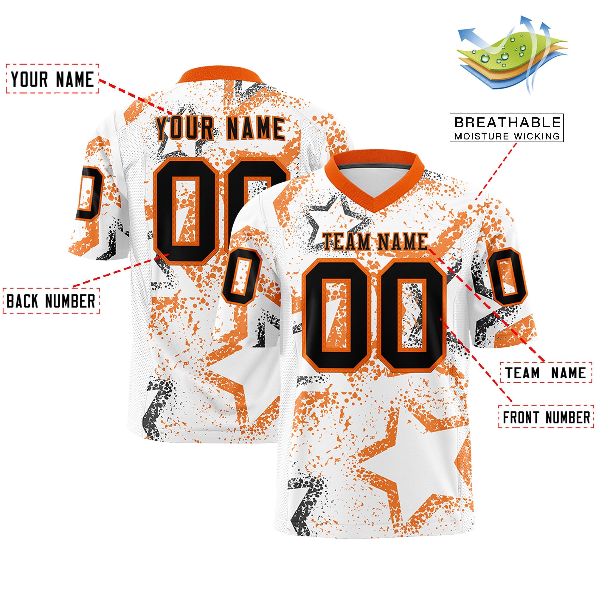 Custom White Orange-Black Personalized Star Graffiti Pattern Authentic Football Jersey