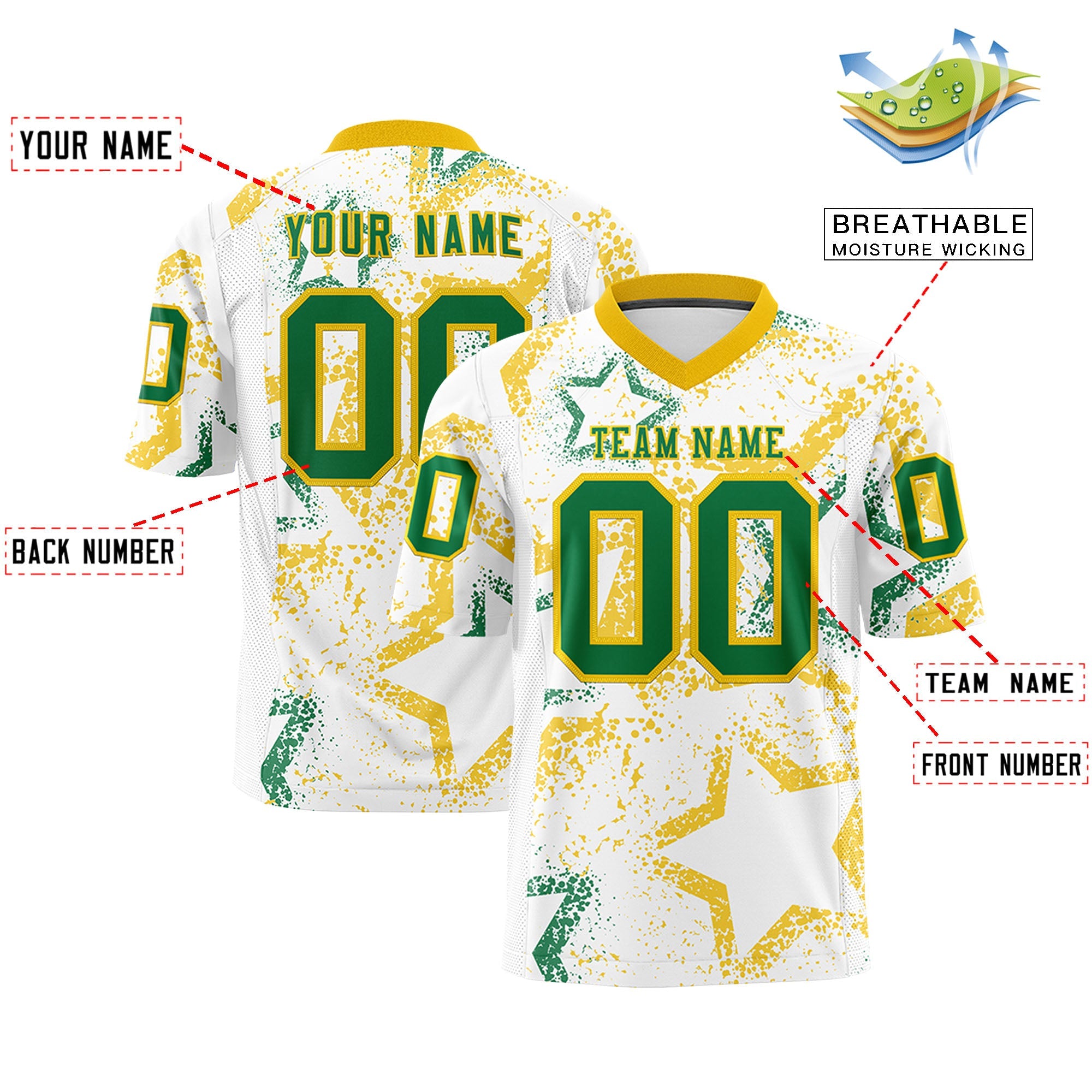 Custom White Gold-Kelly Green Personalized Star Graffiti Pattern Authentic Football Jersey