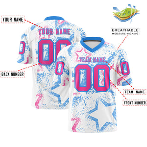 Custom White Powder Blue-Pink Personalized Star Graffiti Pattern Authentic Football Jersey