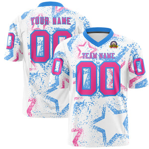 Custom White Powder Blue-Pink Personalized Star Graffiti Pattern Authentic Football Jersey