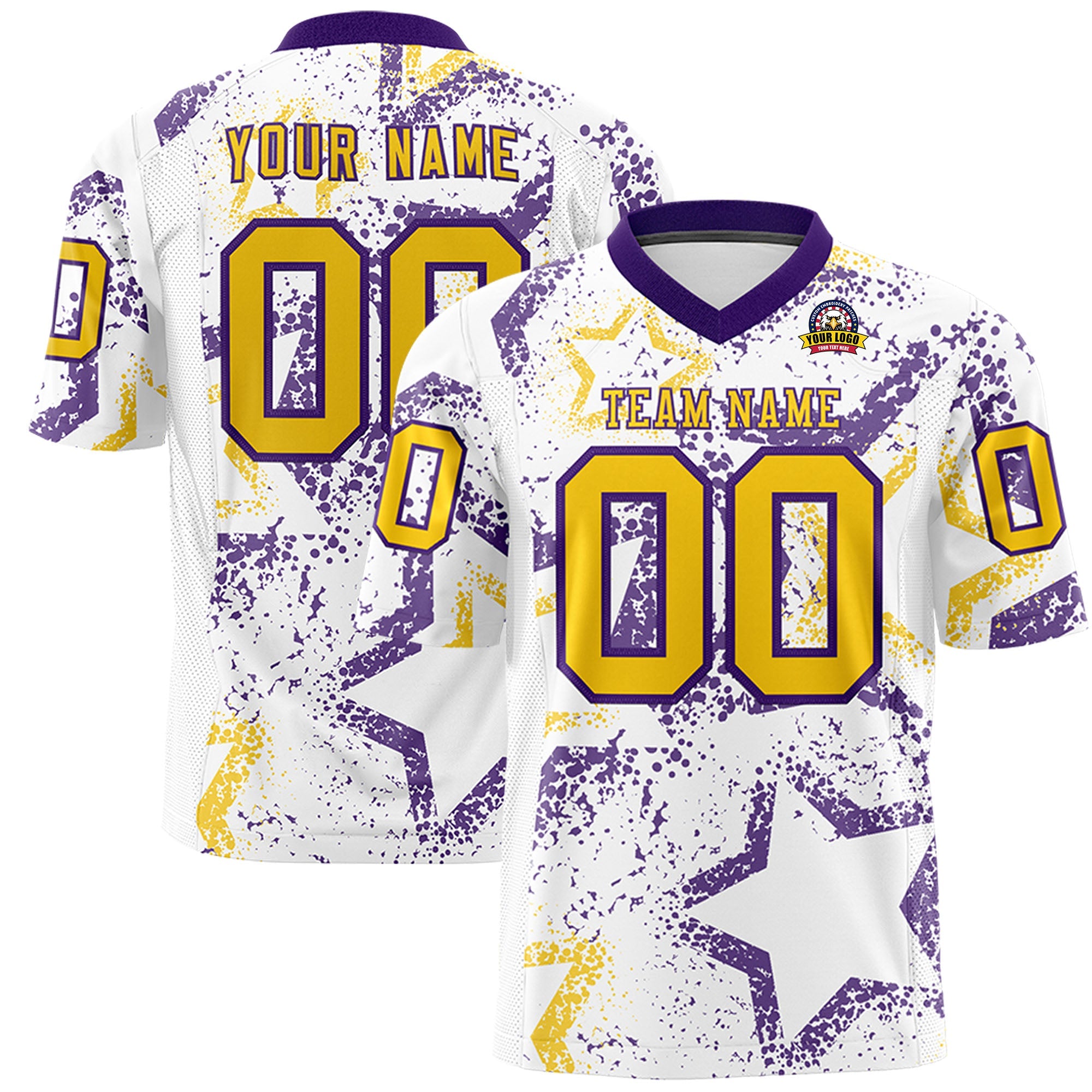 Custom White Purple-Gold Personalized Star Graffiti Pattern Authentic Football Jersey