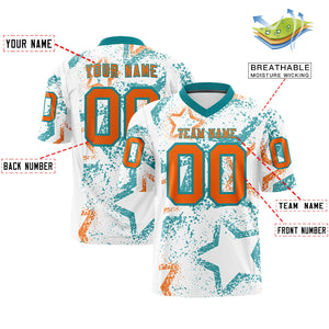 Custom White Aqua-Orange Personalized Star Graffiti Pattern Authentic Football Jersey