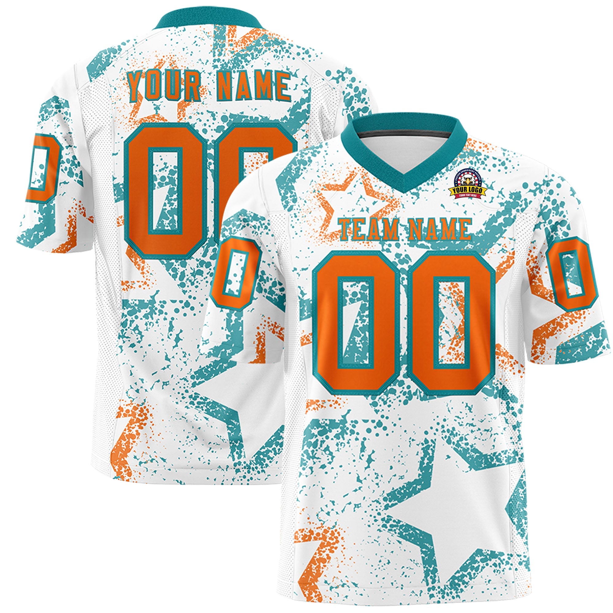 Custom White Aqua-Orange Personalized Star Graffiti Pattern Authentic Football Jersey