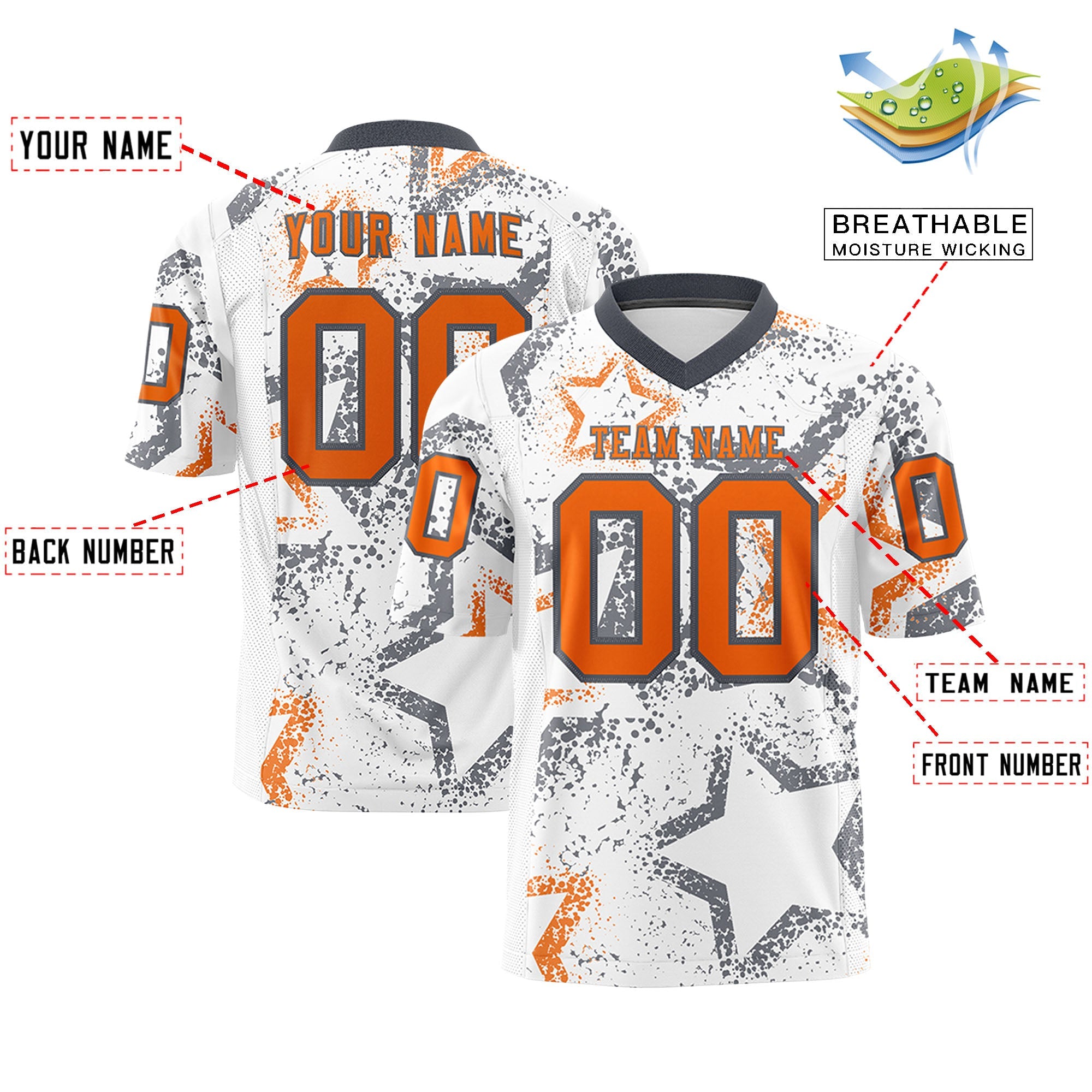 Custom White Dark Gray-Orange Personalized Star Graffiti Pattern Authentic Football Jersey