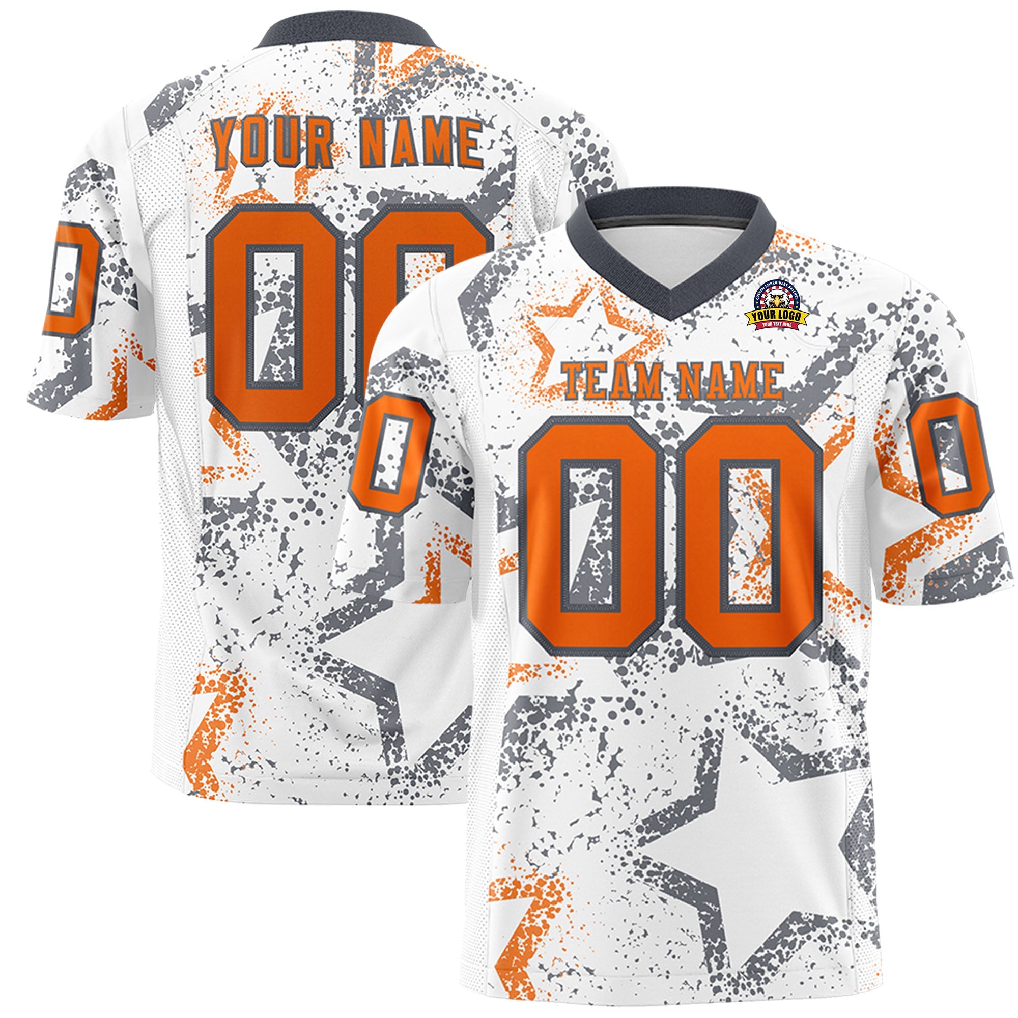 Custom White Dark Gray-Orange Personalized Star Graffiti Pattern Authentic Football Jersey