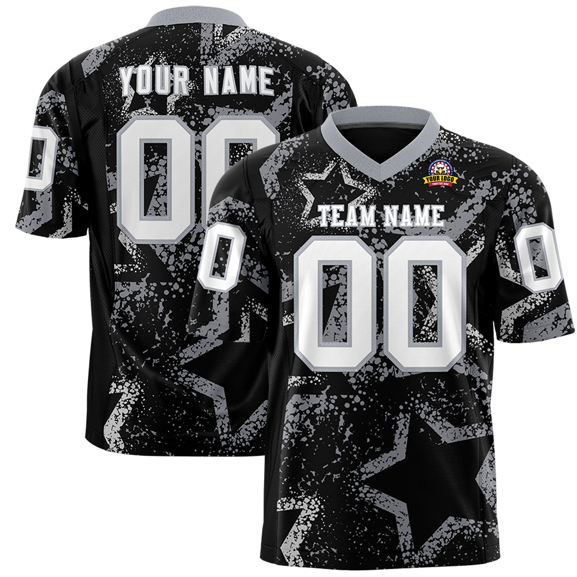 Custom Black Gray-White Personalized Star Graffiti Pattern Authentic Football Jersey