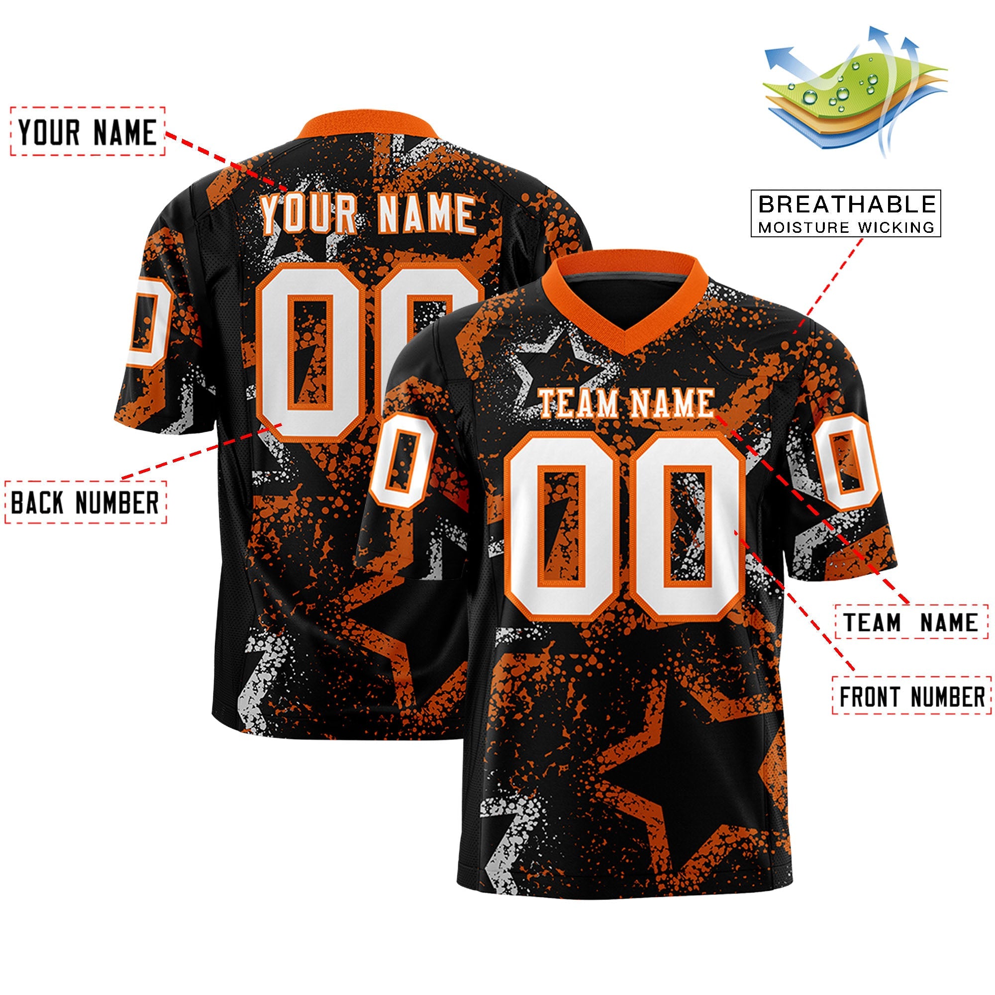 Custom Black Orange-White Personalized Star Graffiti Pattern Authentic Football Jersey