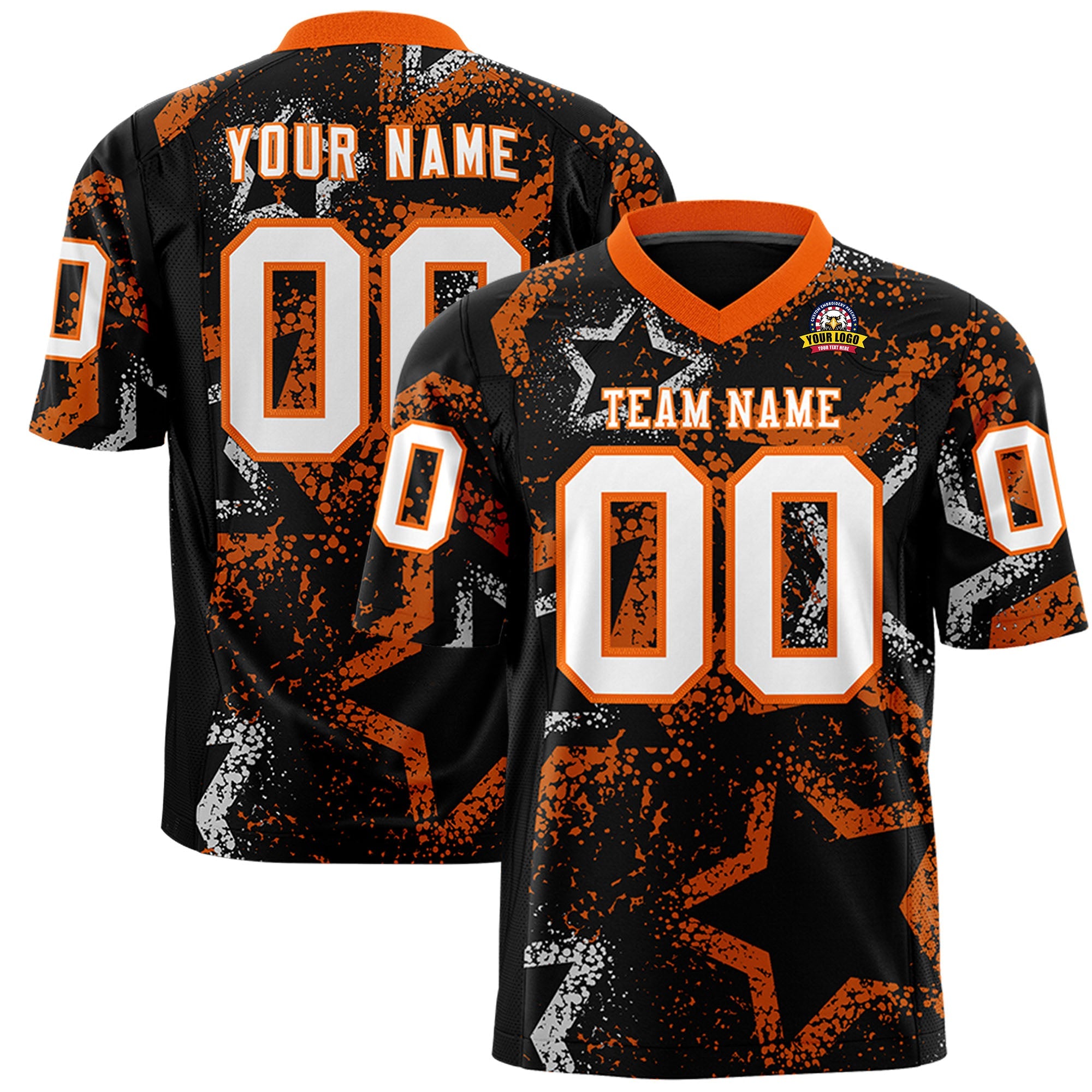 Custom Black Orange-White Personalized Star Graffiti Pattern Authentic Football Jersey