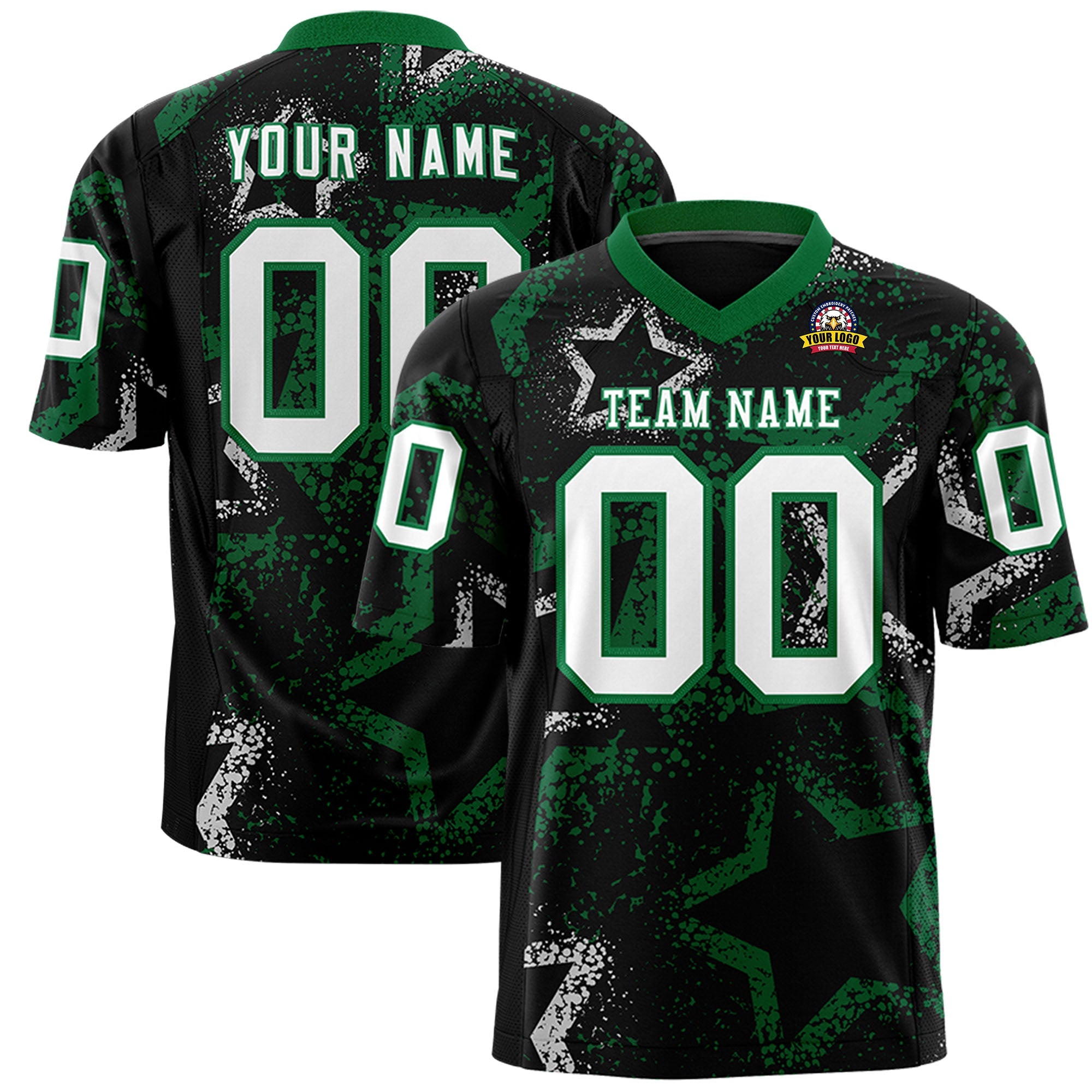 Custom Black Kelly Green-White Personalized Star Graffiti Pattern Authentic Football Jersey