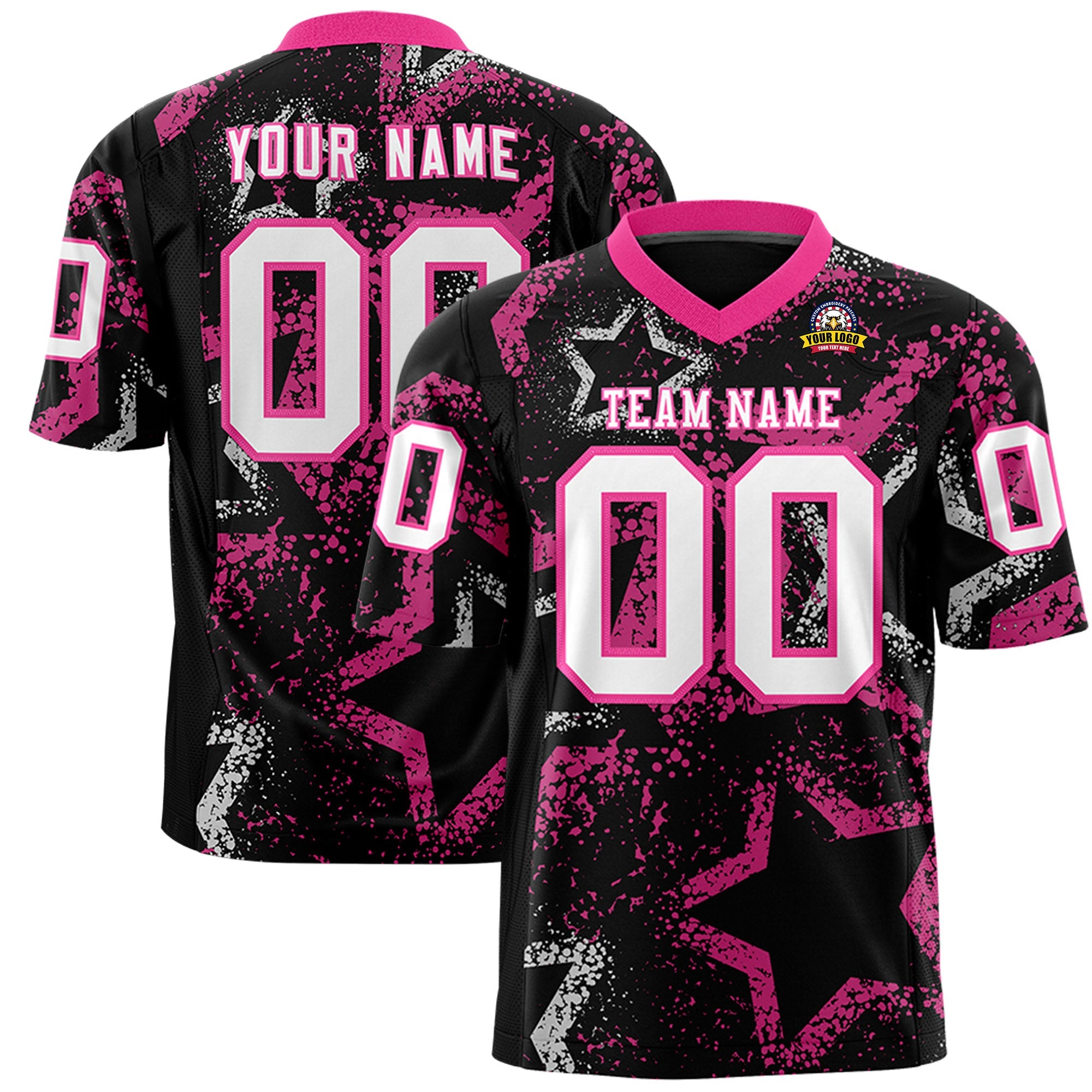 Custom Black Pink-White Personalized Star Graffiti Pattern Authentic Football Jersey