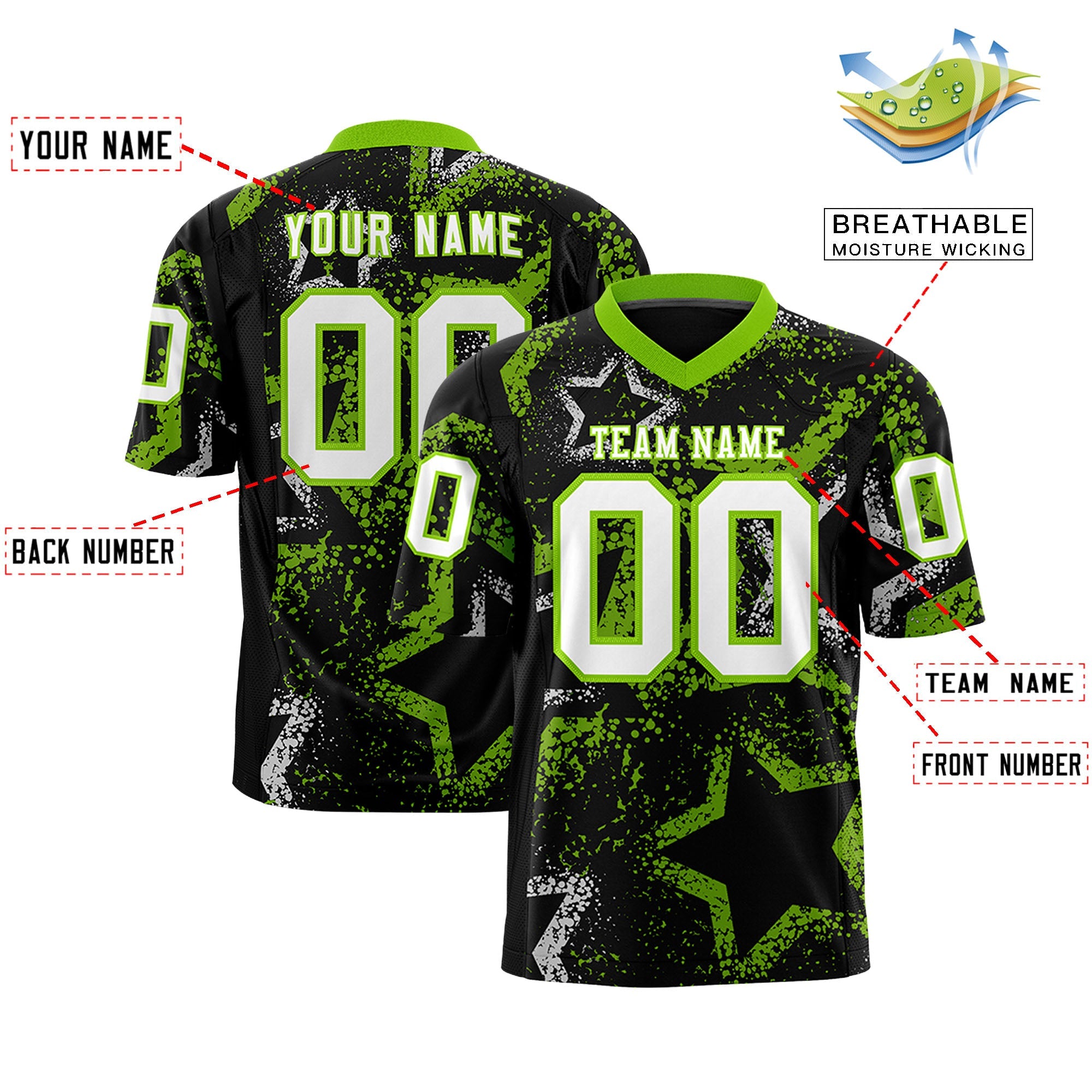 Custom Black Neon Green-White Personalized Star Graffiti Pattern Authentic Football Jersey