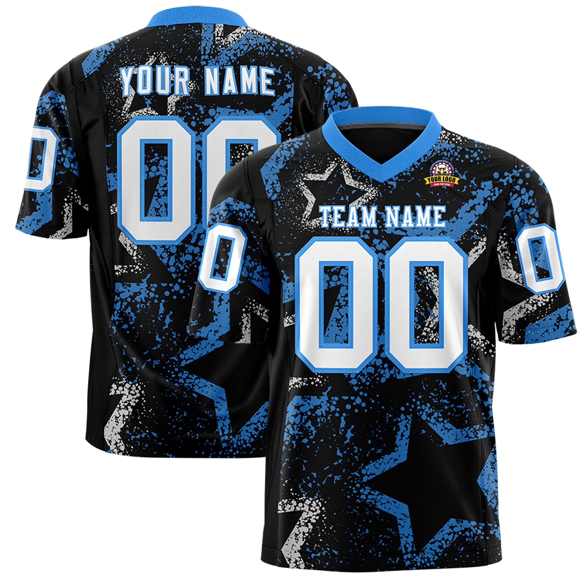 Custom Black Powder Blue-White Personalized Star Graffiti Pattern Authentic Football Jersey