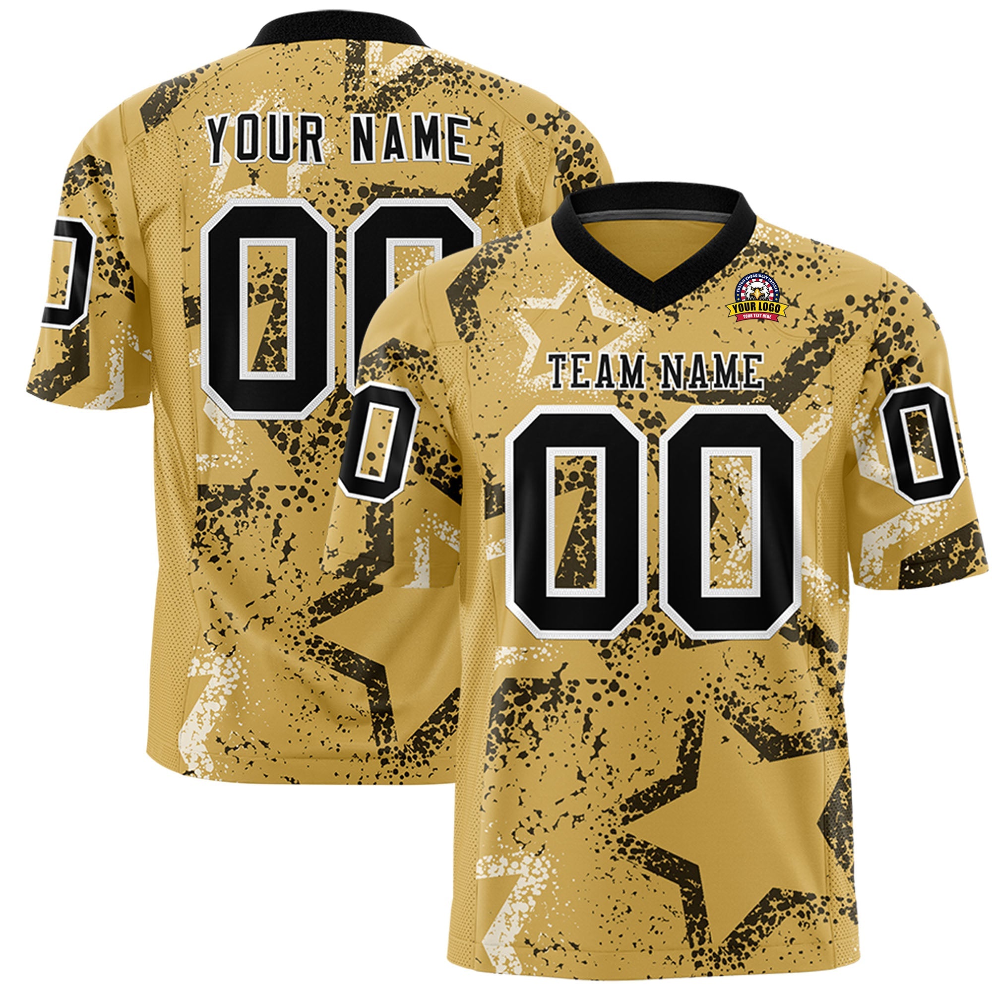 Custom Old Gold Black-White Personalized Star Graffiti Pattern Authentic Football Jersey