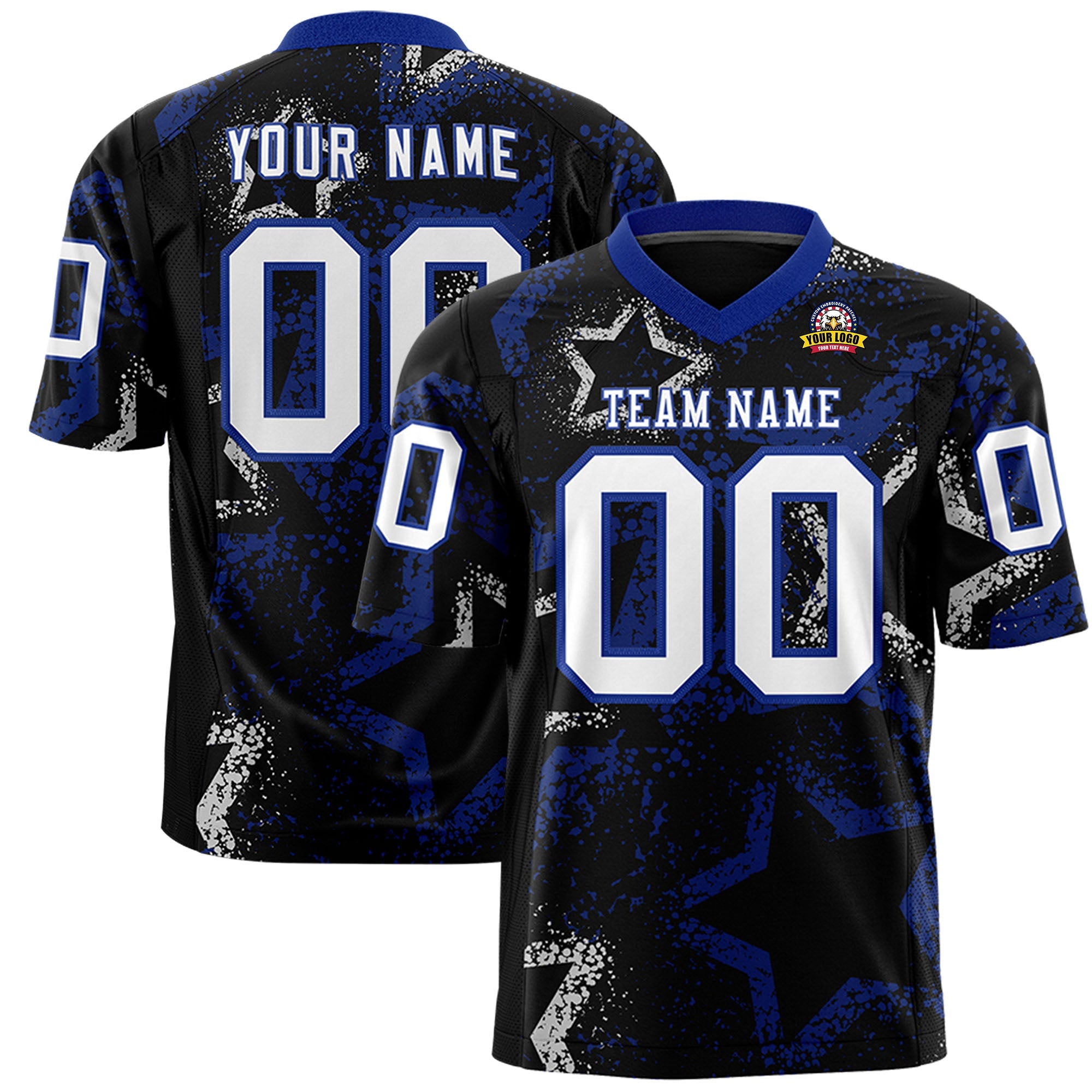 Custom Black Royal-White Personalized Star Graffiti Pattern Authentic Football Jersey