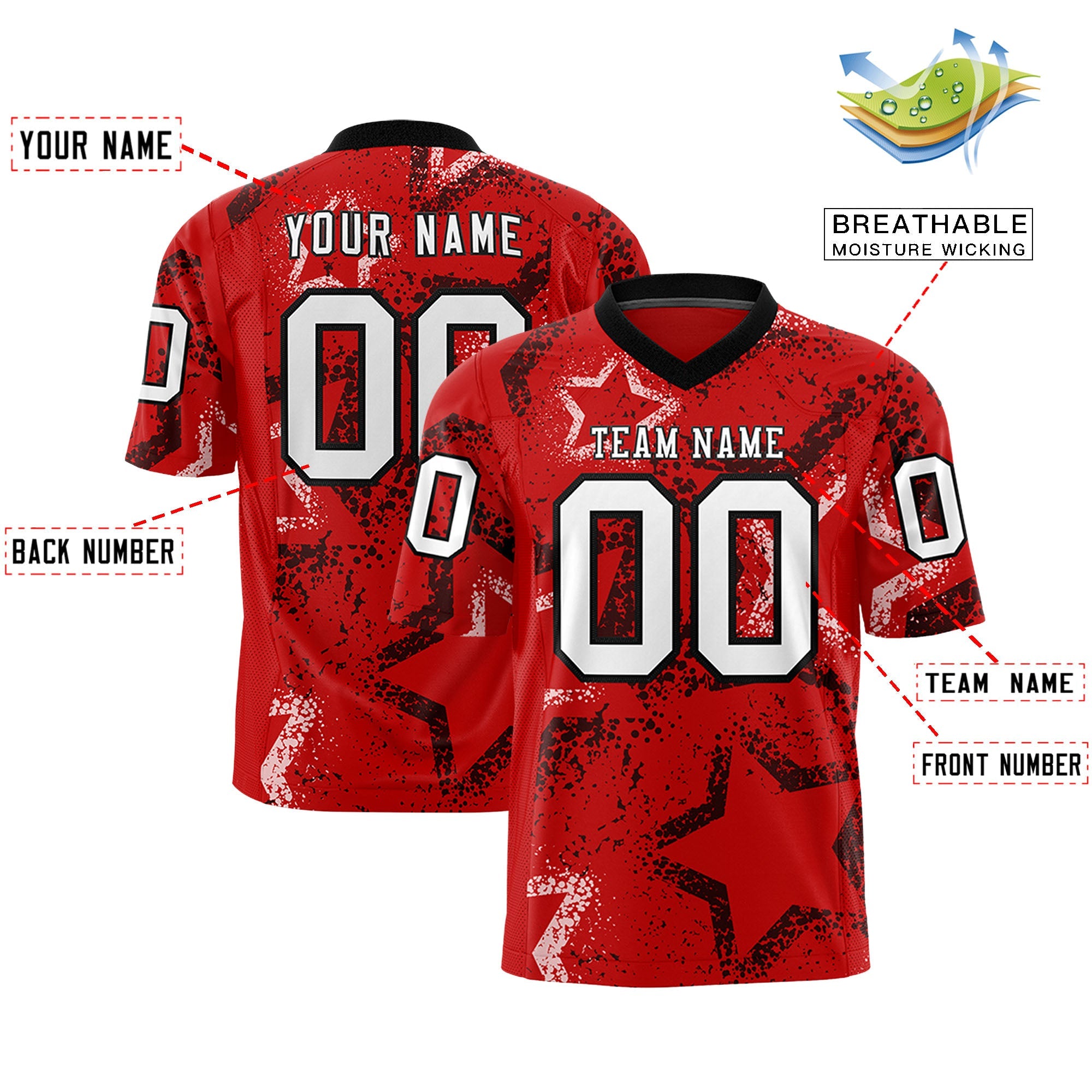 Custom Red Black-White Personalized Star Graffiti Pattern Authentic Football Jersey