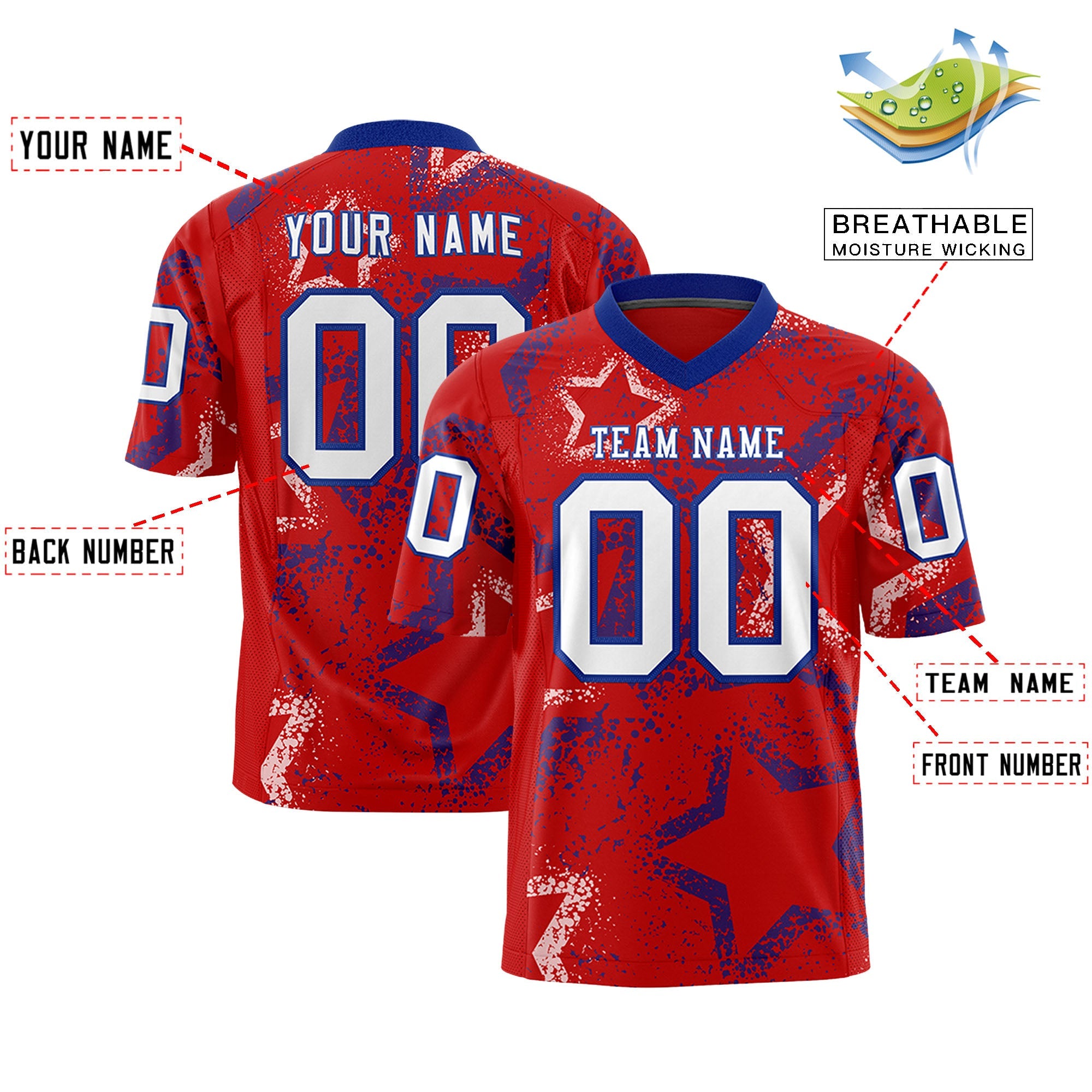 Custom Red Royal-White Personalized Star Graffiti Pattern Authentic Football Jersey