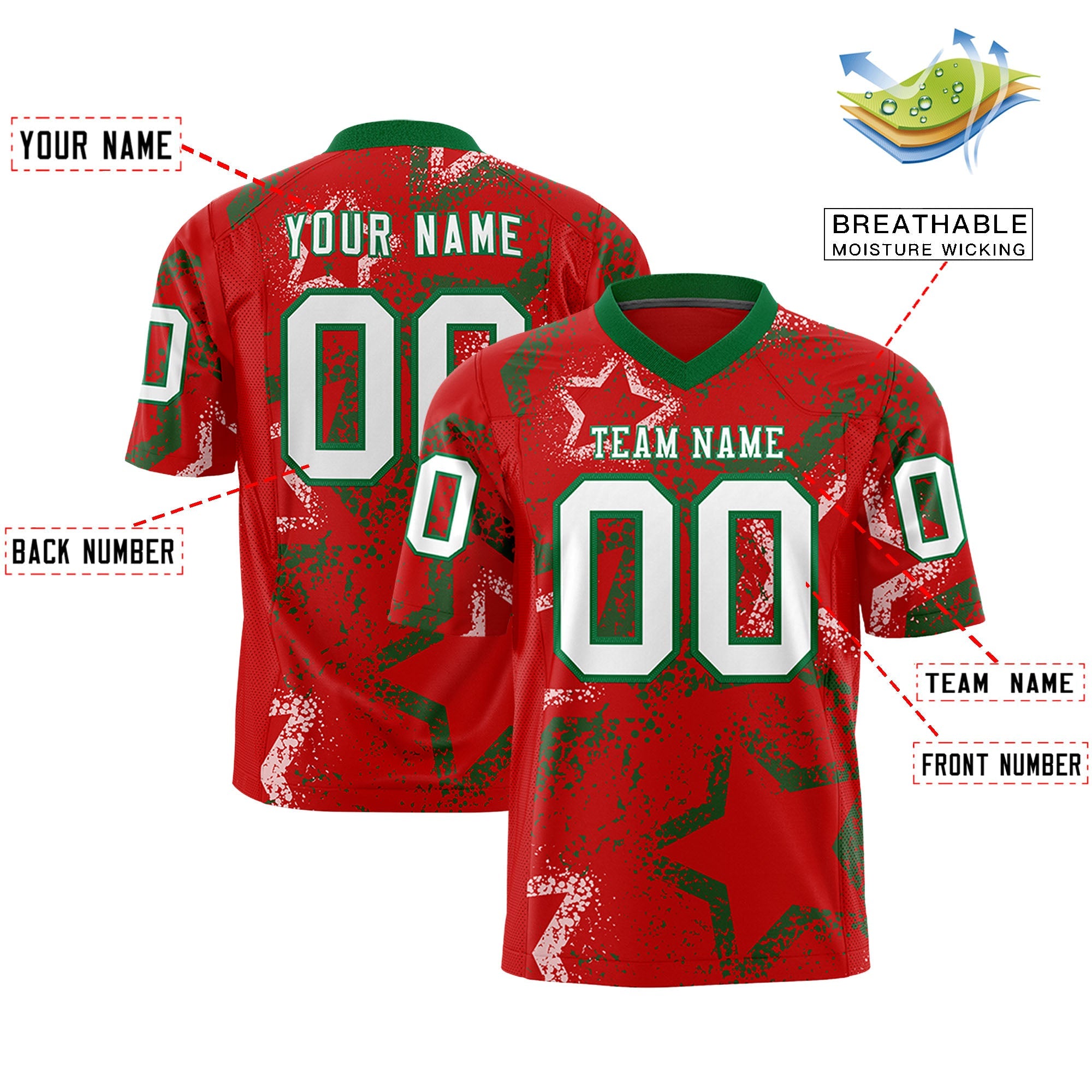 Custom Red Kelly Green-White Personalized Star Graffiti Pattern Authentic Football Jersey