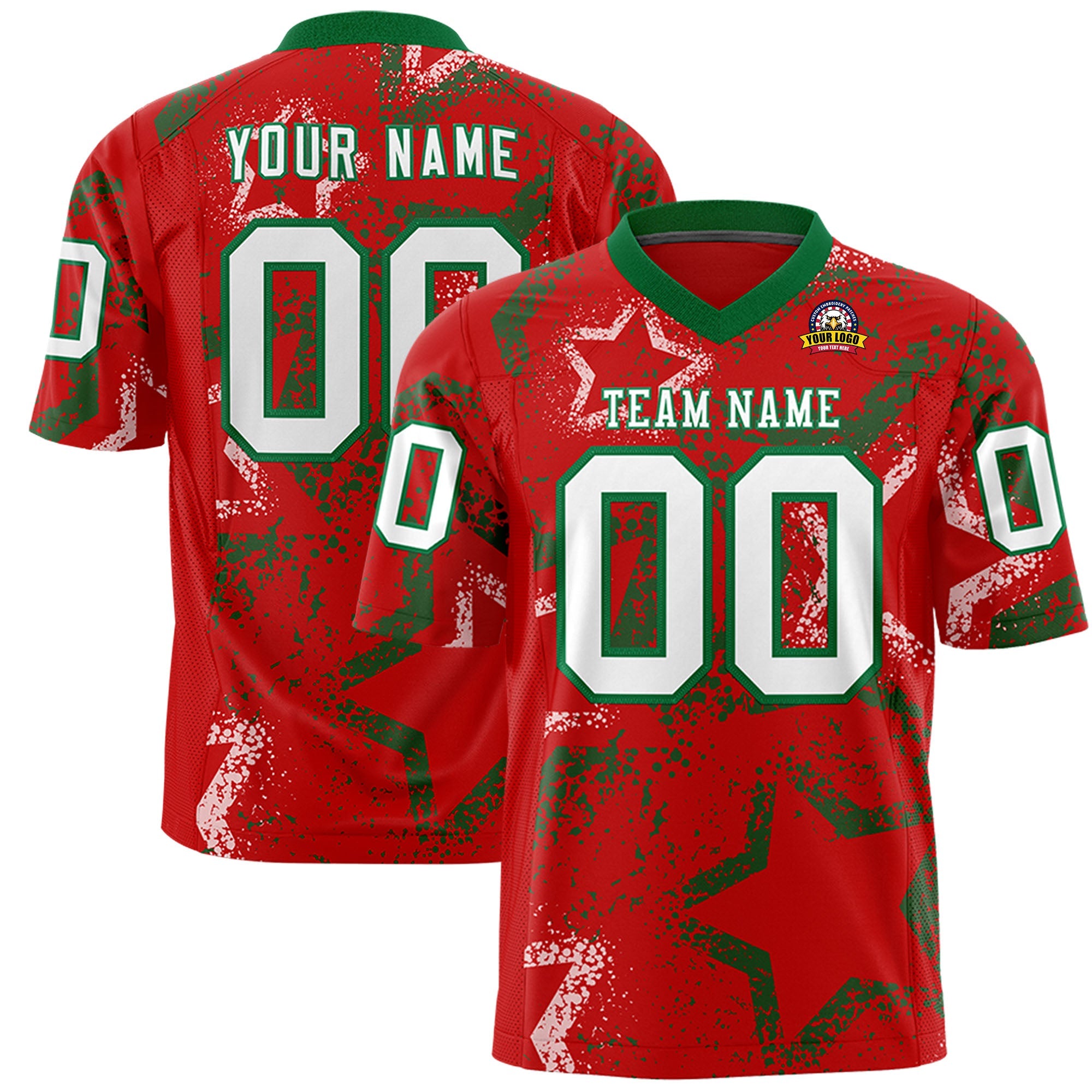 Custom Red Kelly Green-White Personalized Star Graffiti Pattern Authentic Football Jersey