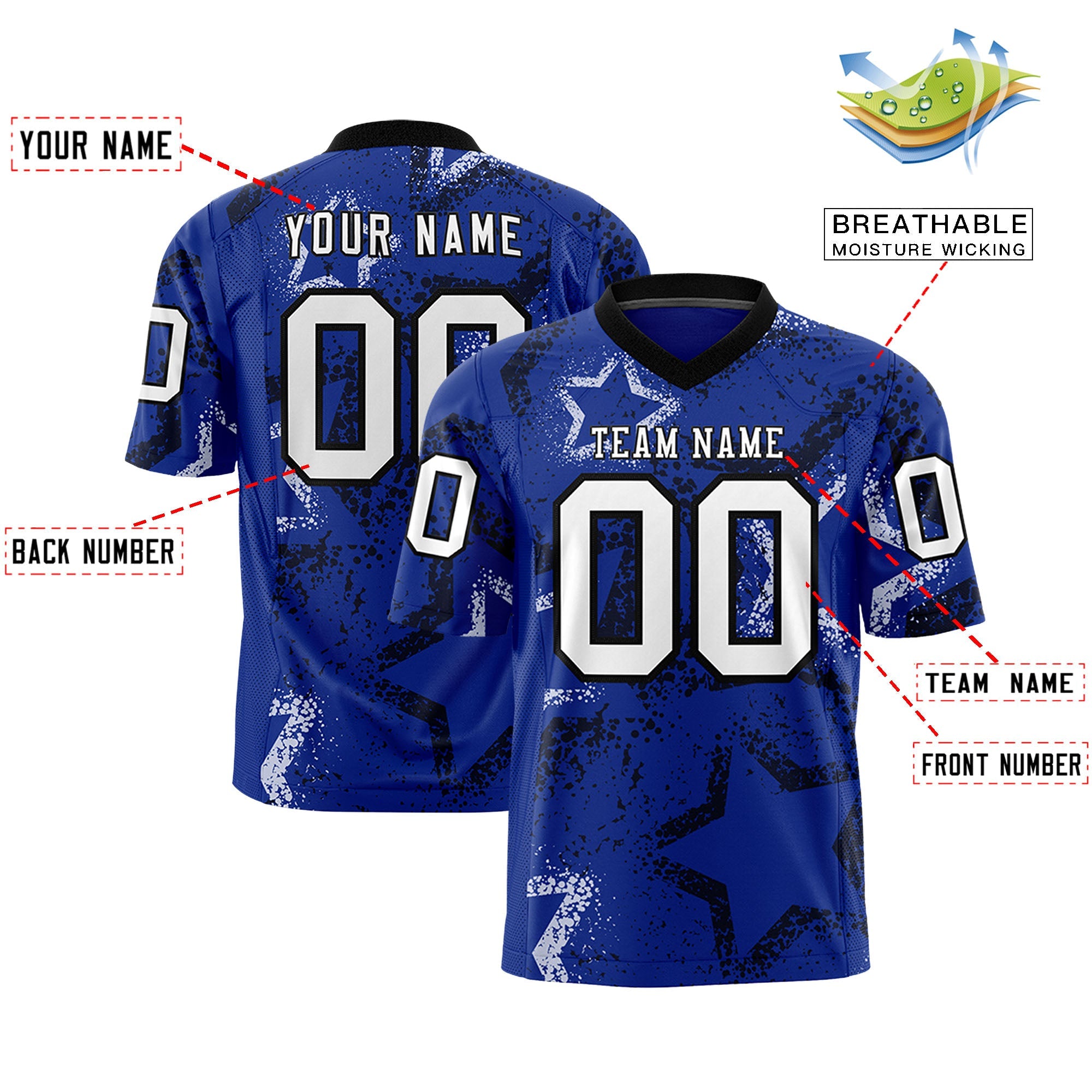 Custom Royal Black-White Personalized Star Graffiti Pattern Authentic Football Jersey