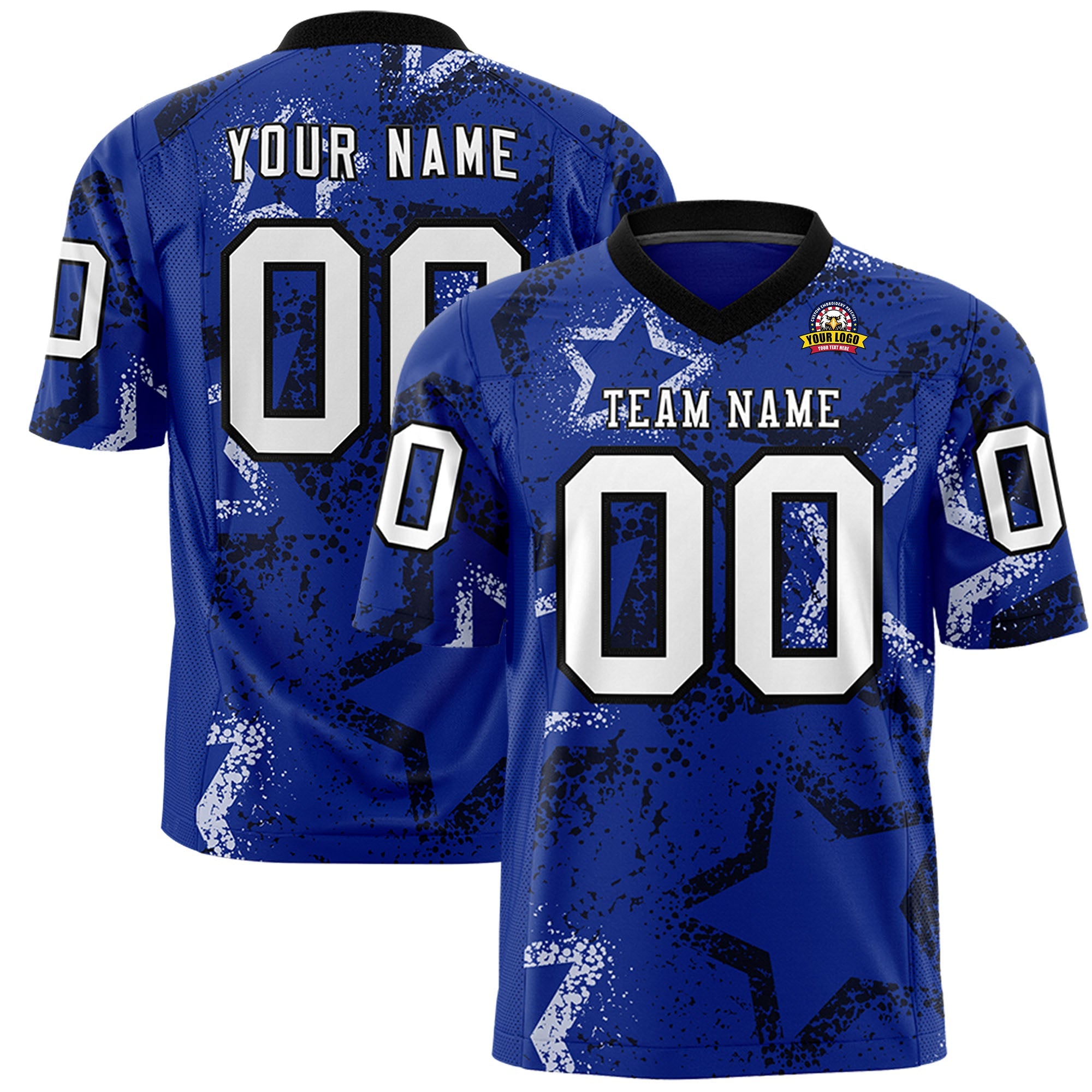 Custom Royal Black-White Personalized Star Graffiti Pattern Authentic Football Jersey